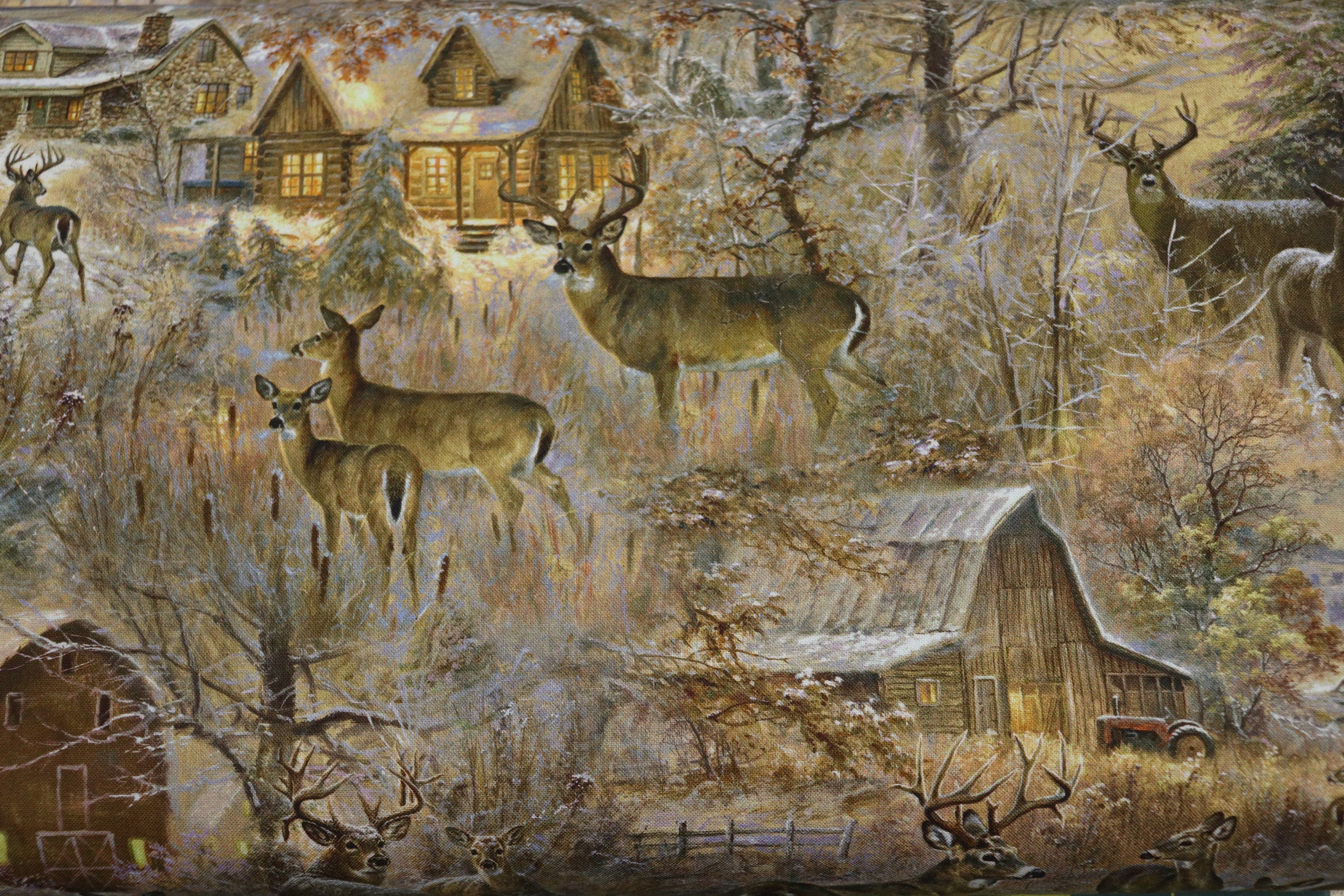 First Frost Allover Deer, Barn House Scene Quilt Fabric By Northcott Fabric