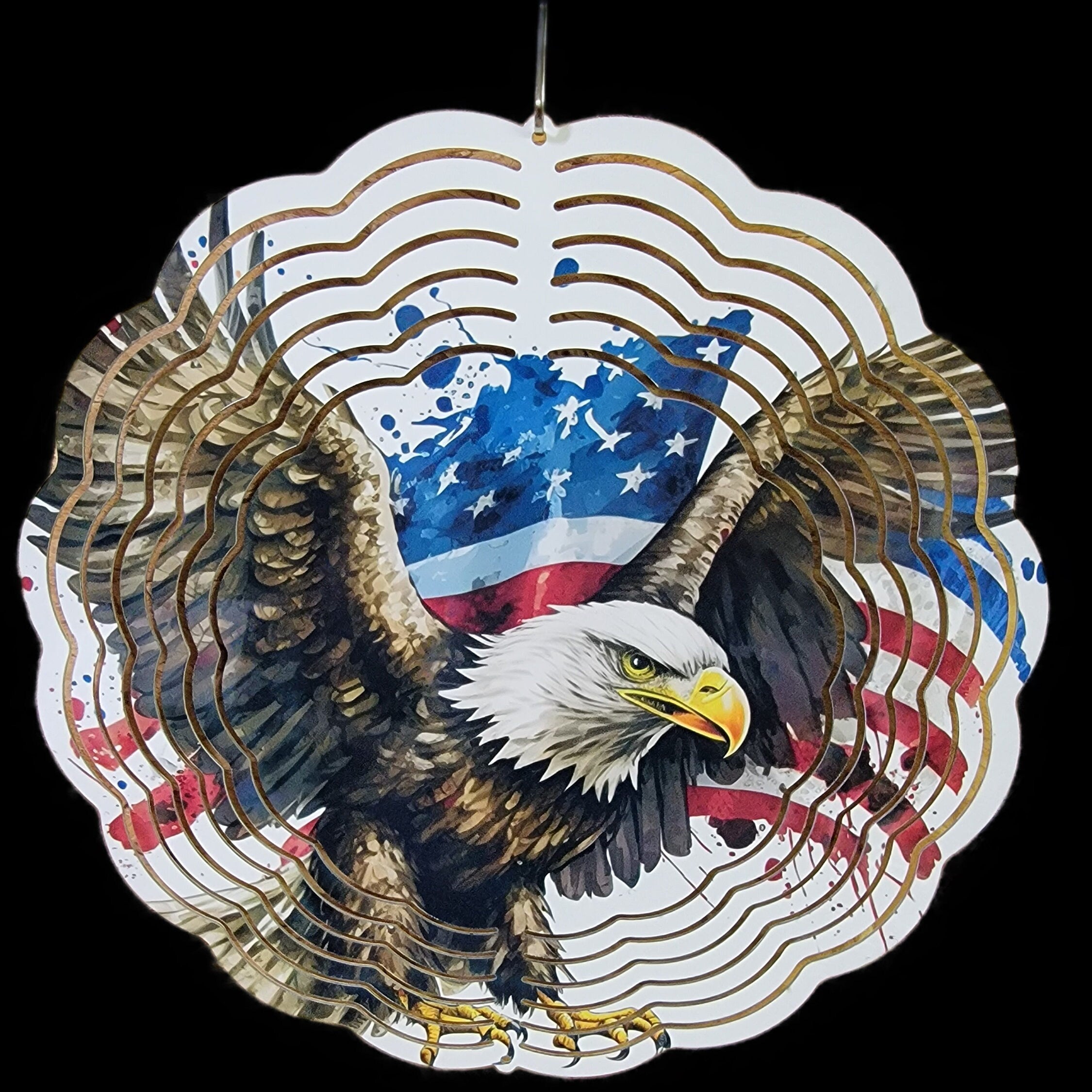 Beautiful 10" Bright Colored Eagle and American Flag Wind Spinner