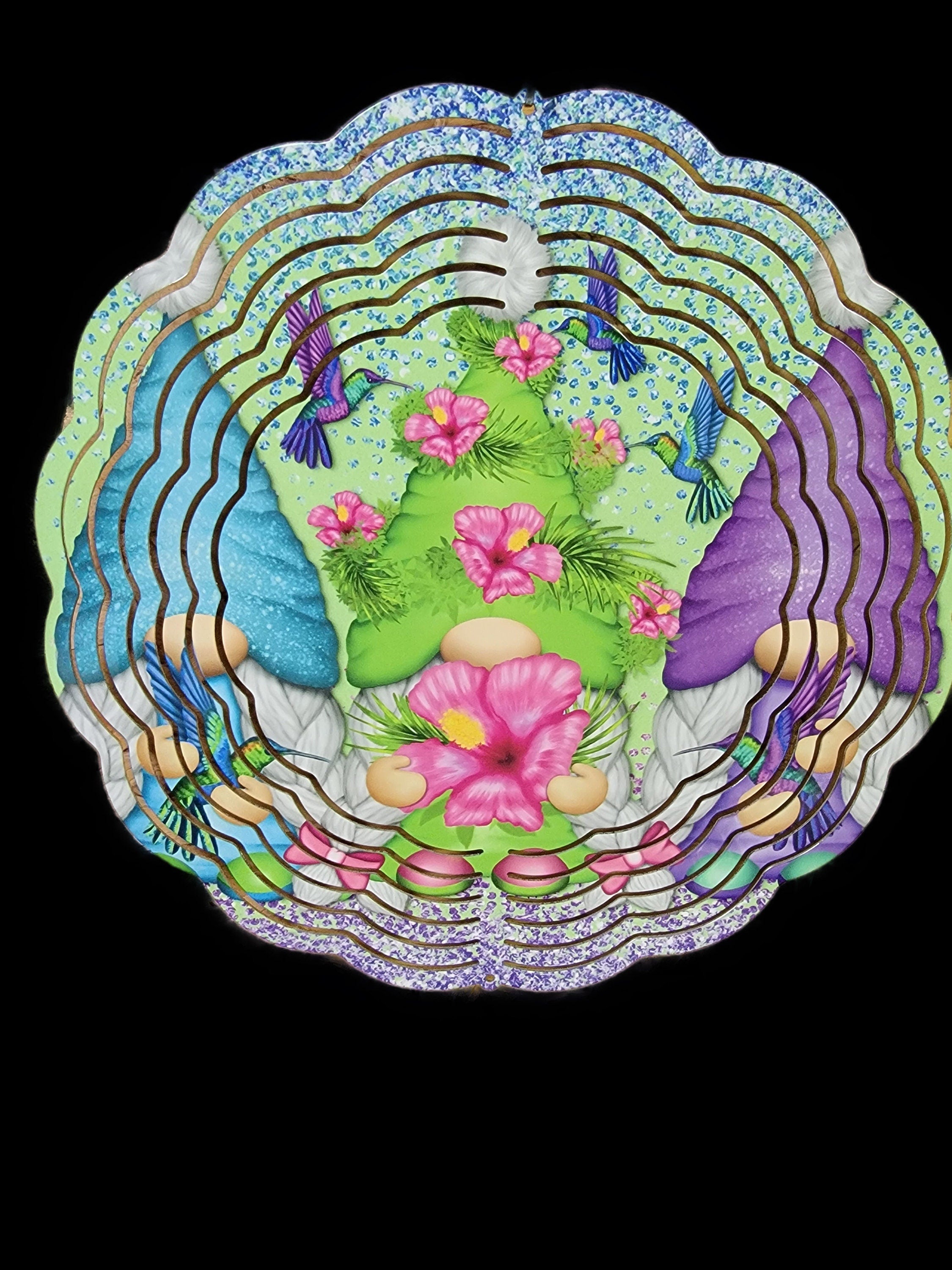 Gnomes and Hummingbirds Wind Spinner: 10" Bright Aluminum