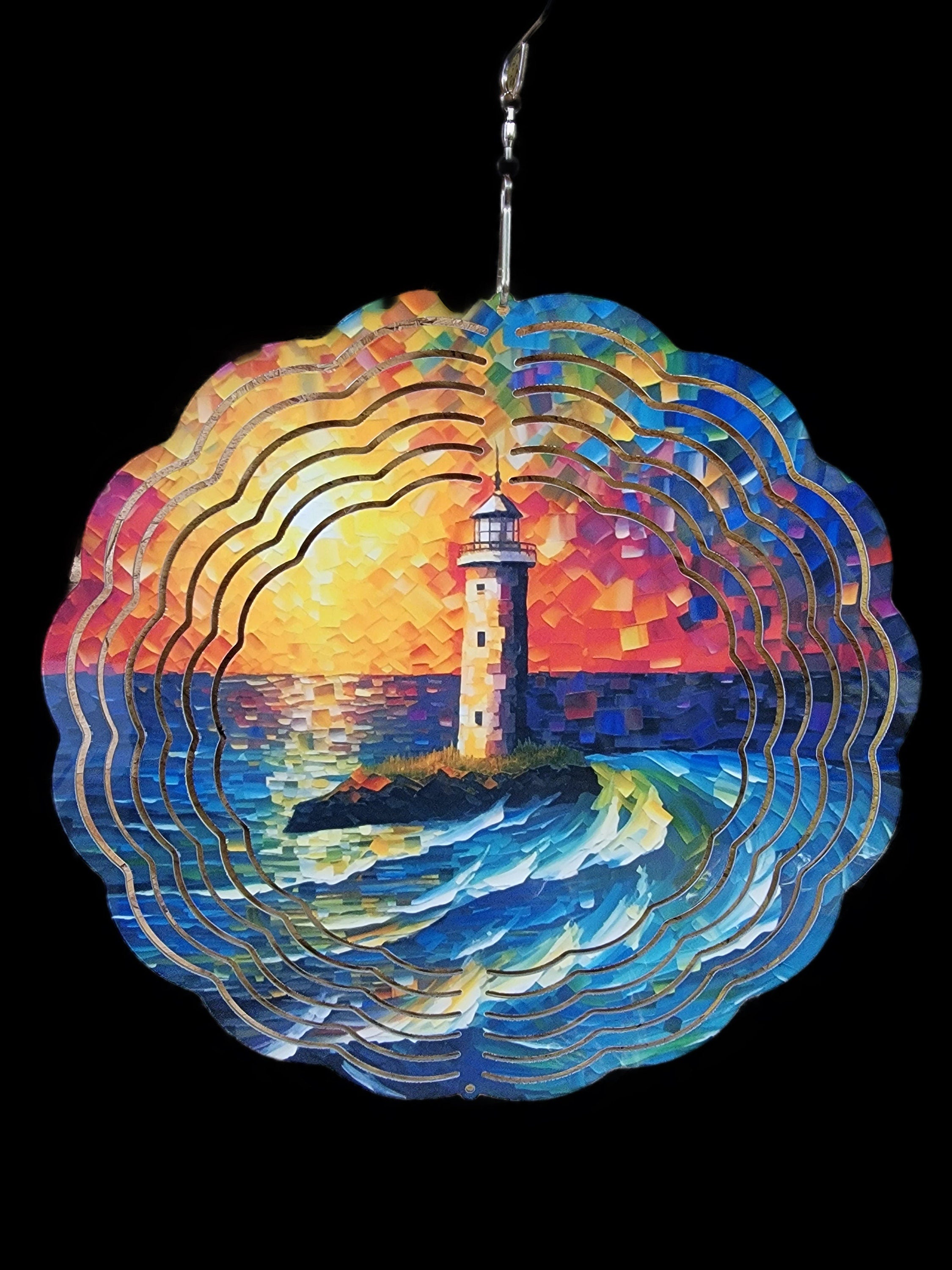 Vibrant Lighthouse Wind Spinner: 8" Aluminum, Sublimation Print