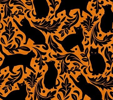 Halloween Cat Damask Quilt Fabric: Orange & Black Cotton by Northcott