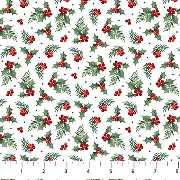 Farmstead Friends Holly White Background Quilt Fabric By Northcott Fabrics