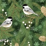 Winter's Eve Chickadee Forest/Gold Metallic Quilt Fabric By Hoffman Fabrics