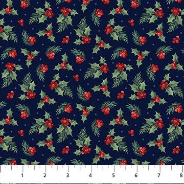 Farmstead Friends Holly Navy Background Quilt Fabric By Northcott Fabrics