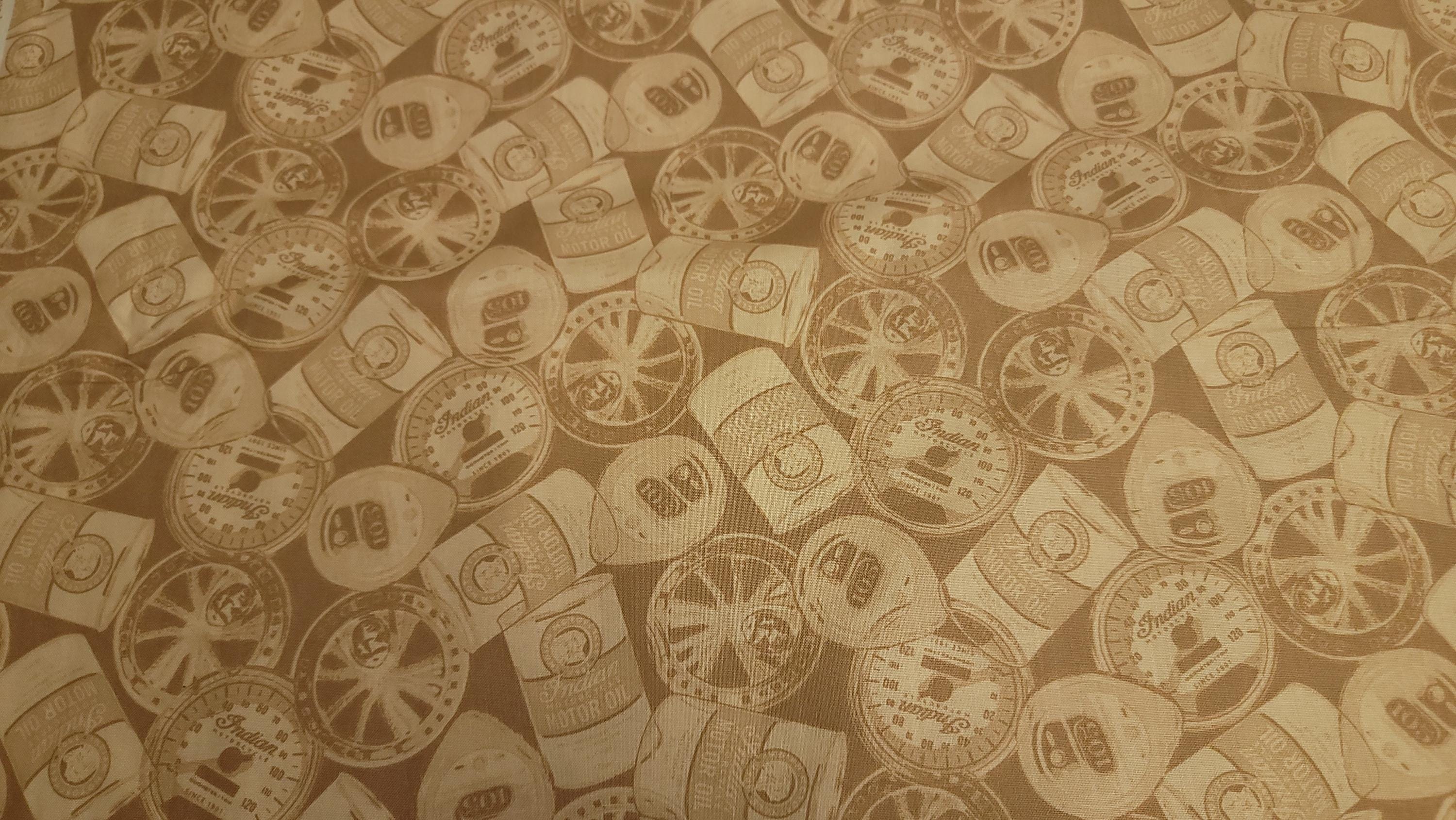 Indian Motorcycle Oil Cans Tan Quilt Fabric by QT Fabrics