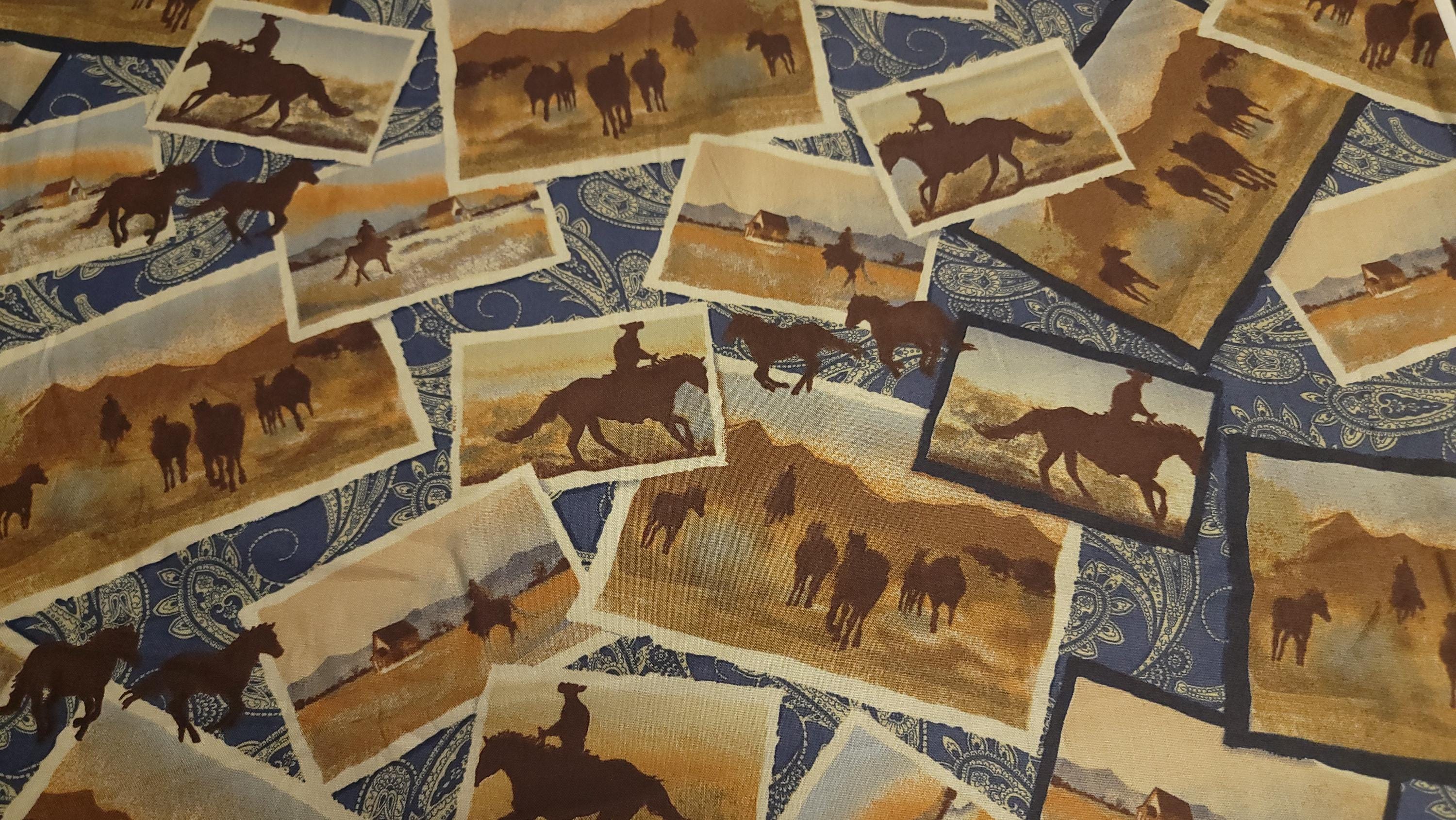 Ranch Hands Post Card Pictures Blue Quilt Fabric By Windham Fabrics