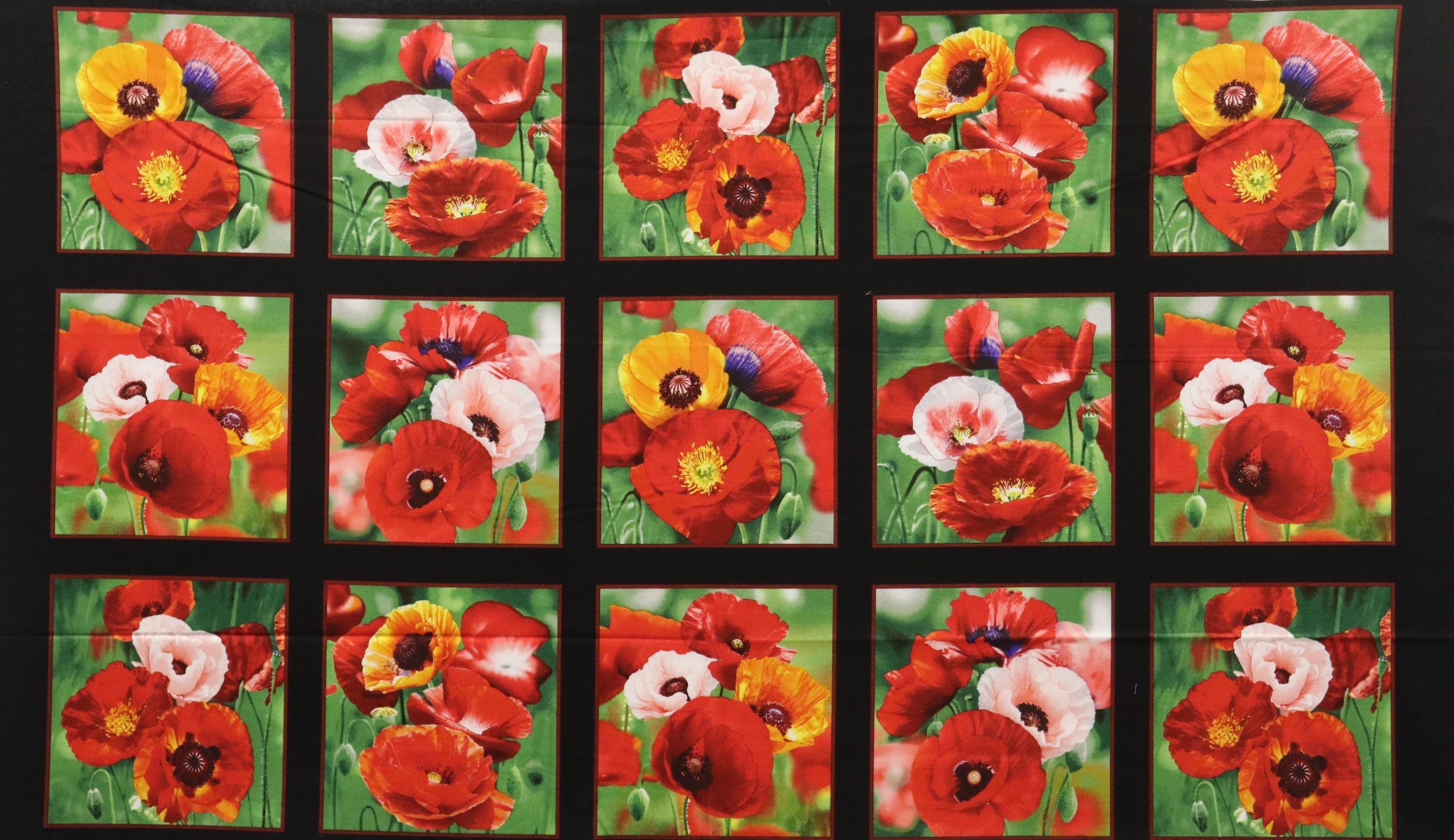 Poppies Flower Quilt Fabric Panel By Elizabeth Studio