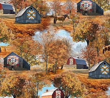 Barn Quilts Barns, Trees and Fall Colors Quilt Fabric by Northcott Fabrics