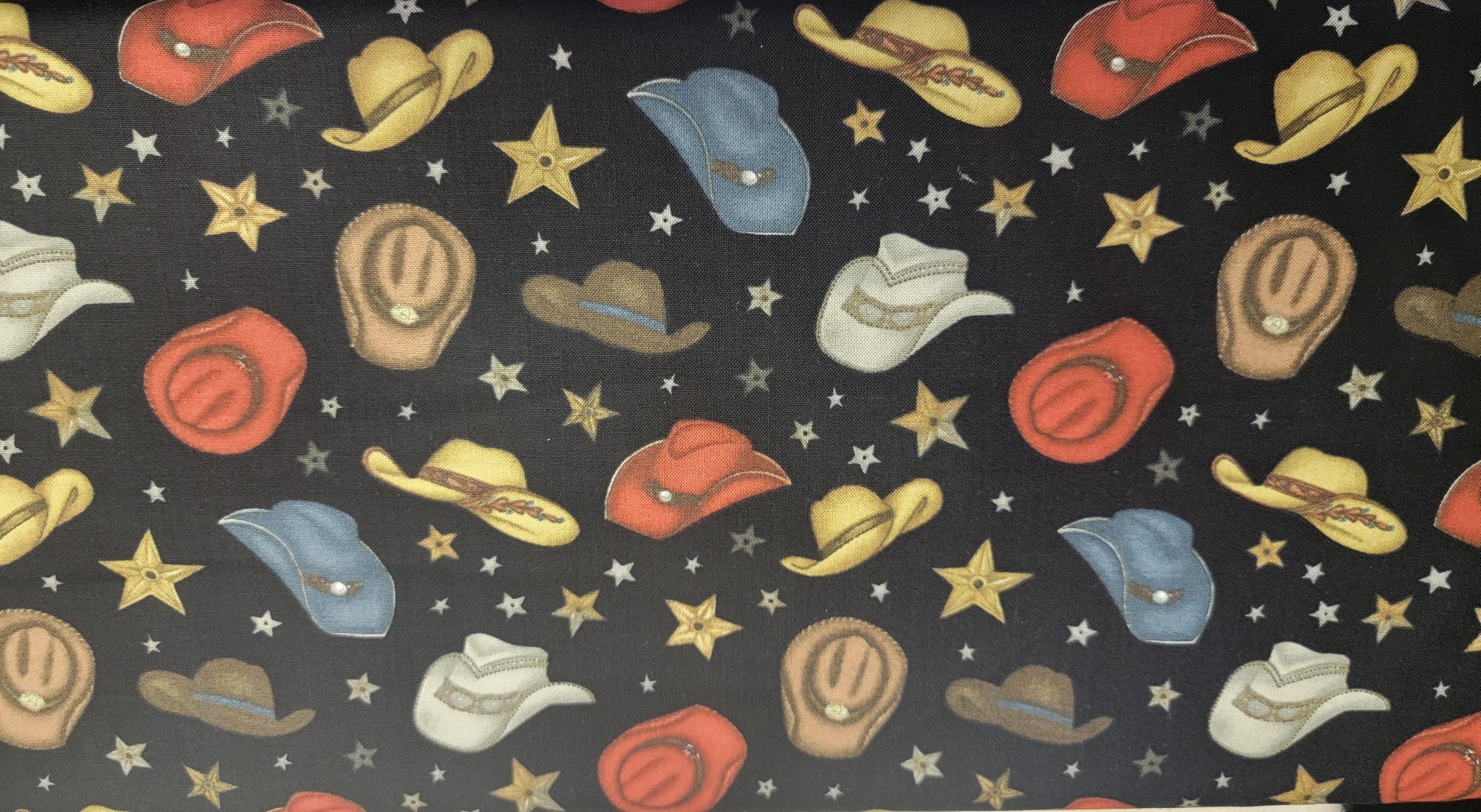 Cowboy Hats Quilt Fabric: Rodeo Roundup, Black Stars - Henry Glass Fabrics
