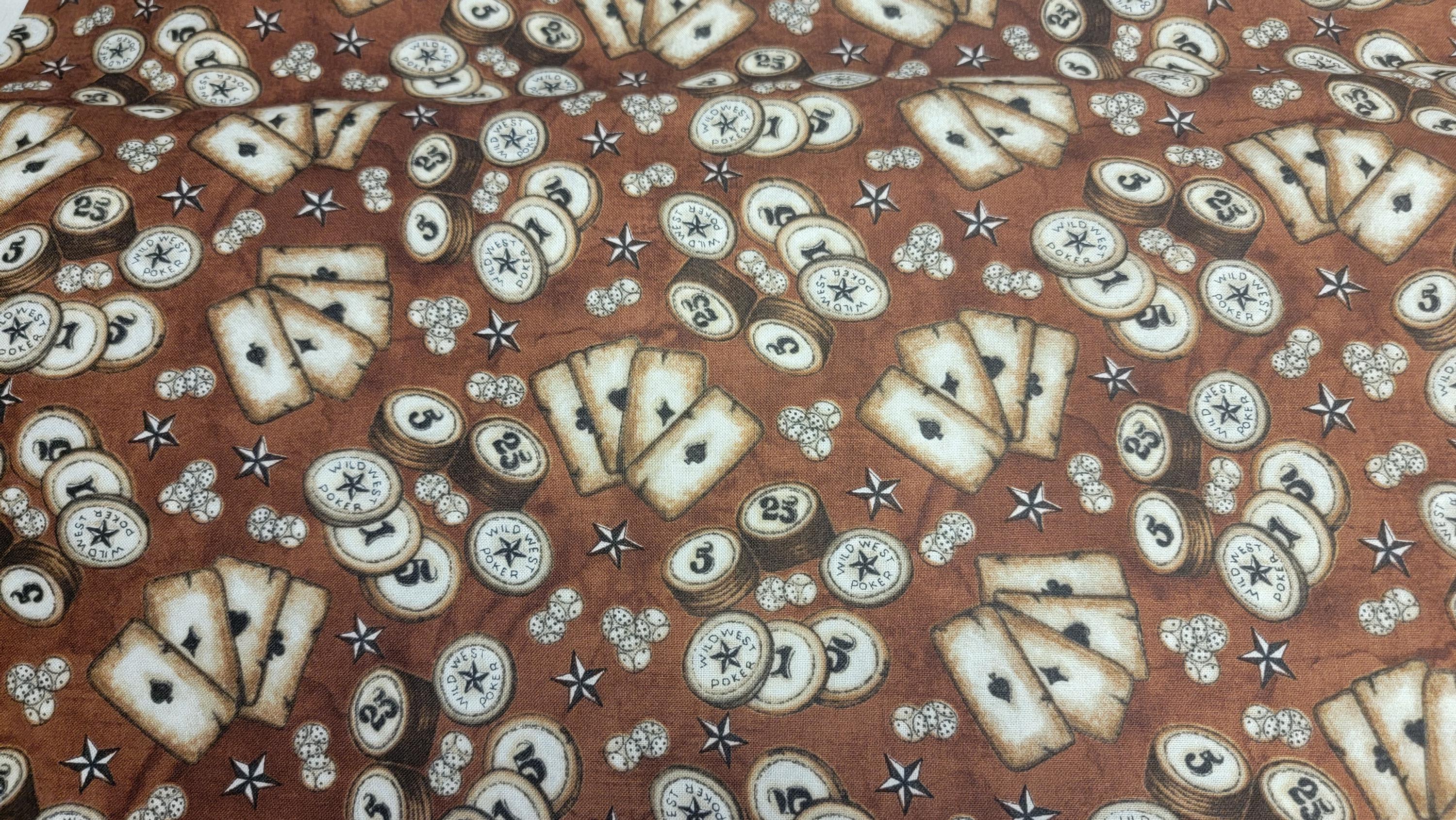 Poker Chips and Cards Brown Background Quilt Fabric by Blank Studios
