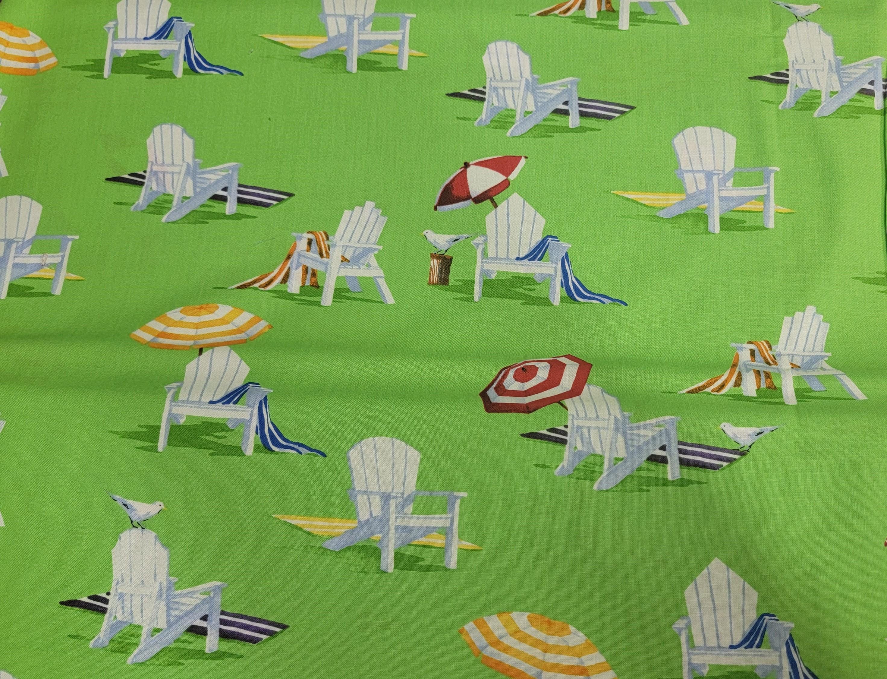 Ocean View Beach Chairs Green Background Quilt Fabric by Moda Fabrics