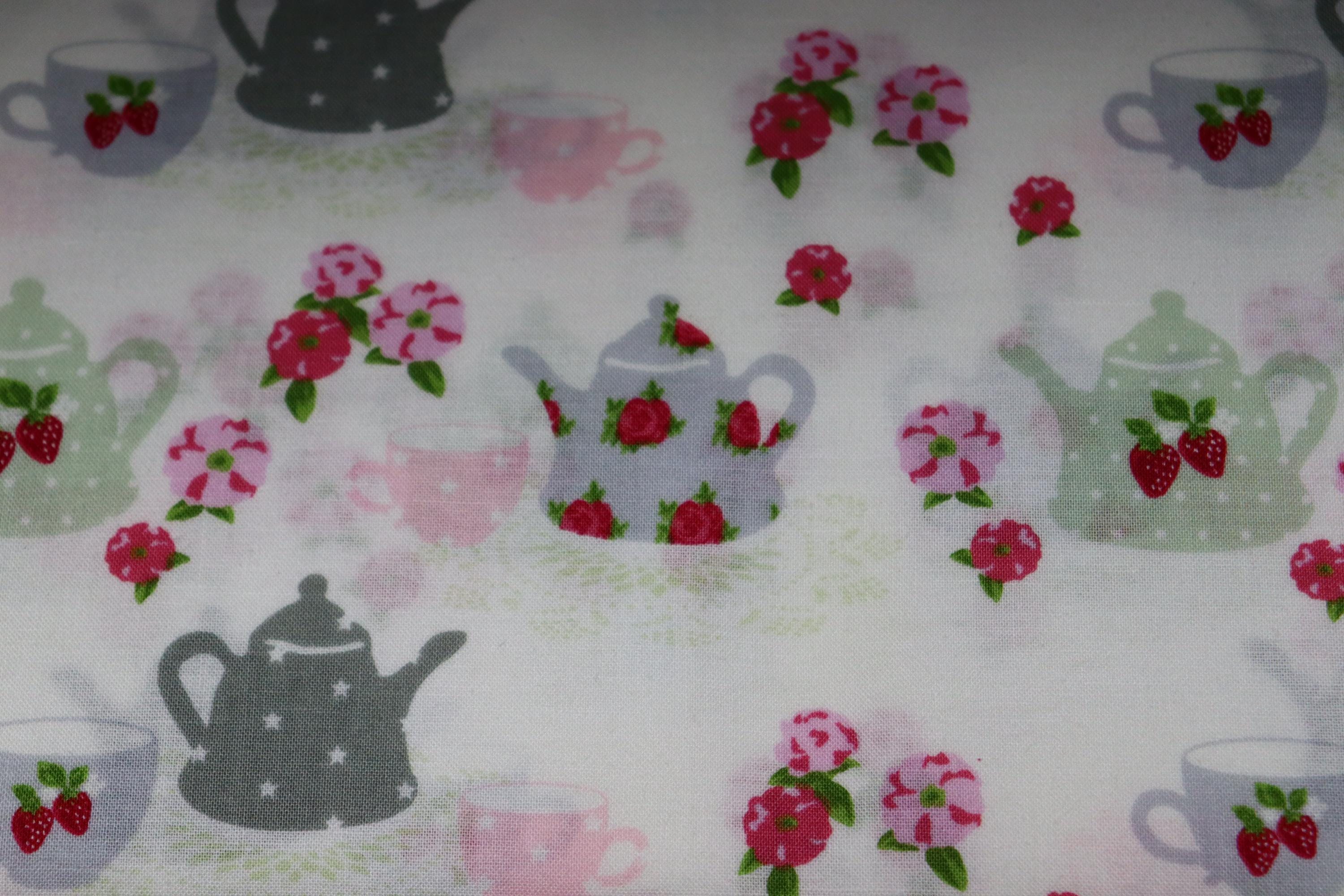 White with Teacups, Tea Pots and Flowers Quilt Fabric