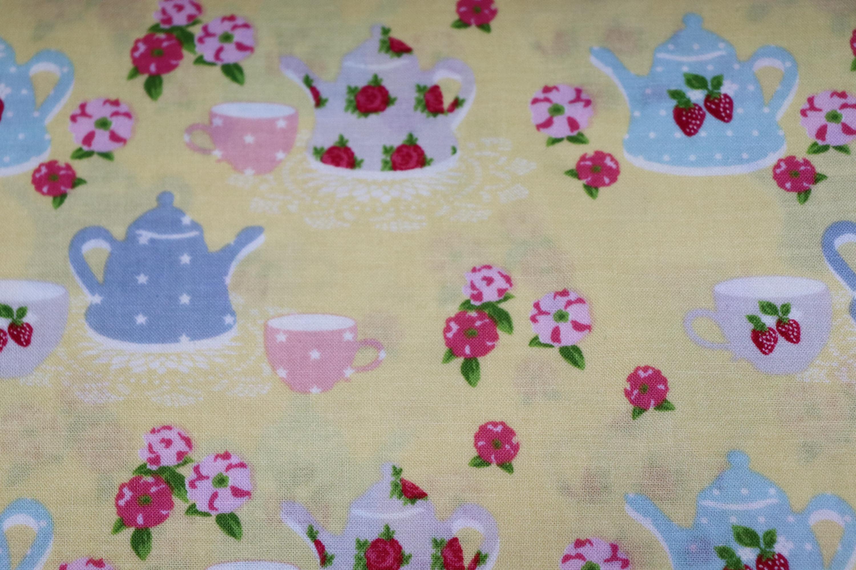 Yellow with Teacups, Tea Pots and Flowers Quilt Fabric