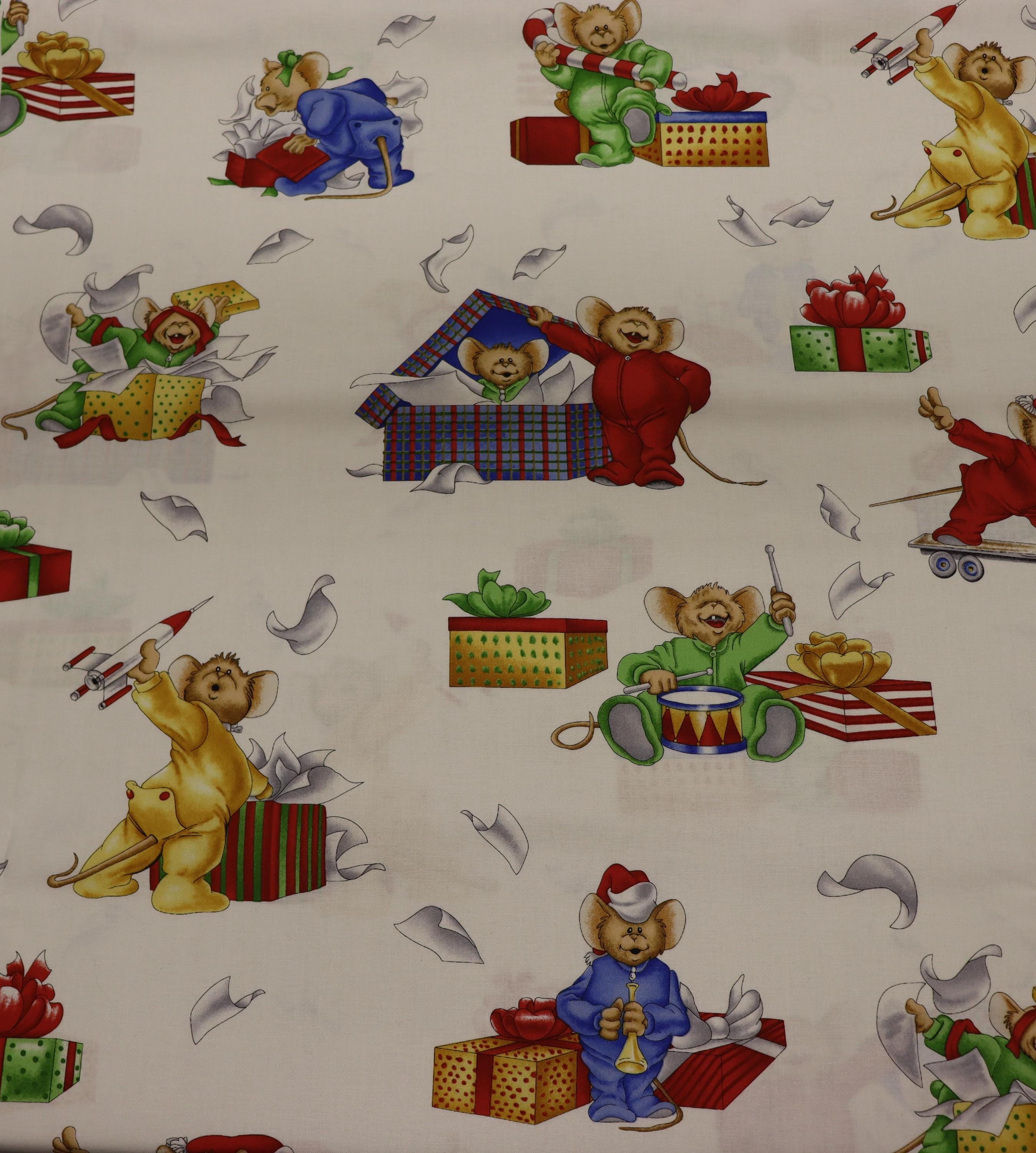 Christmas Joys and Toys Mice Playing Quilt Fabric By Maywood Studios