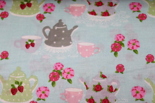 Blue with Teacups, Tea Pots and Flowers Quilt Fabric