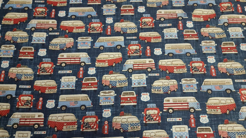 All American Road Trip Old Vans Blue Background Quilt Fabric By Studio E Fabrics