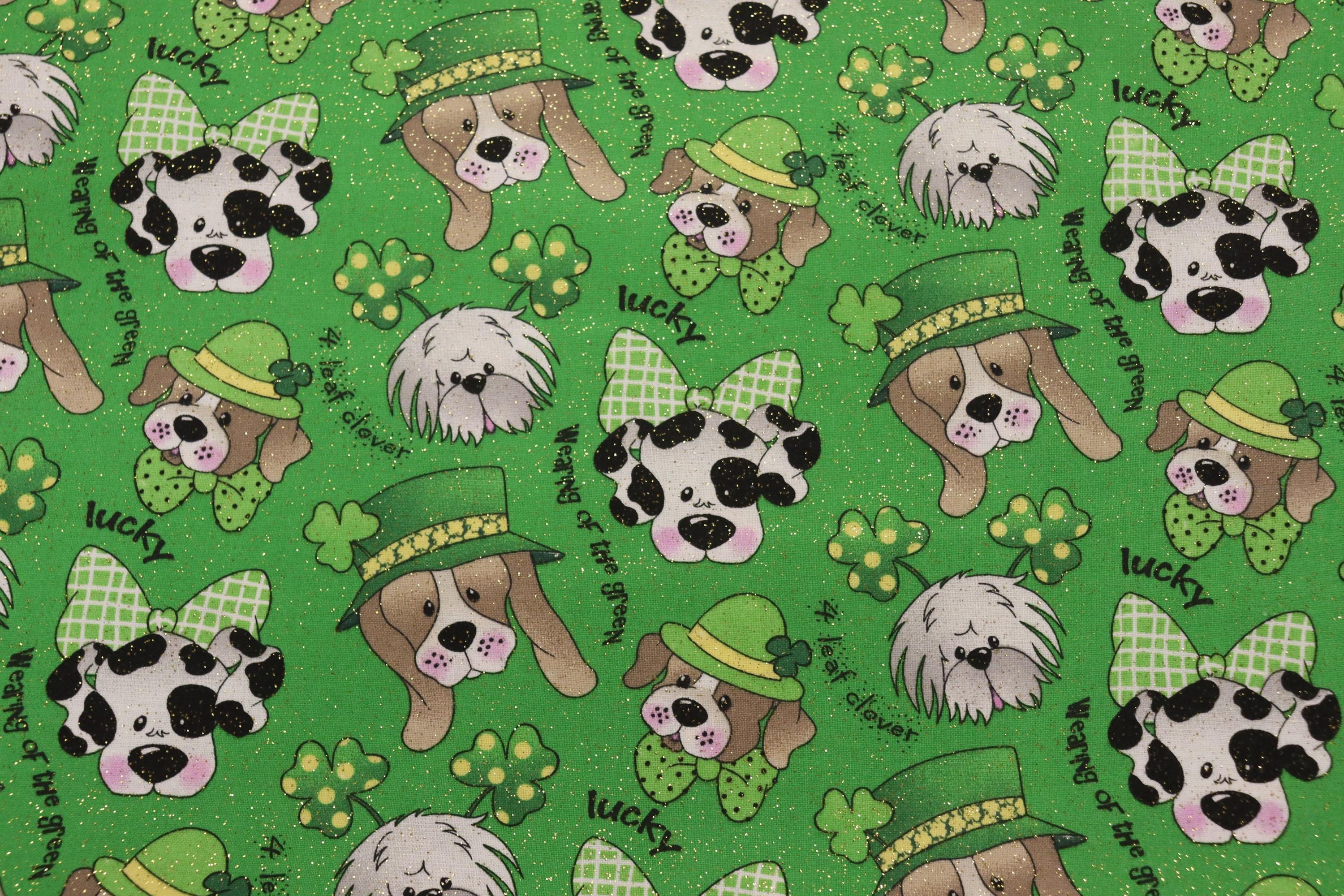 St. Patrick's Day Dogs with Hats, Glitter Quilt Fabric By E.E. Schenck