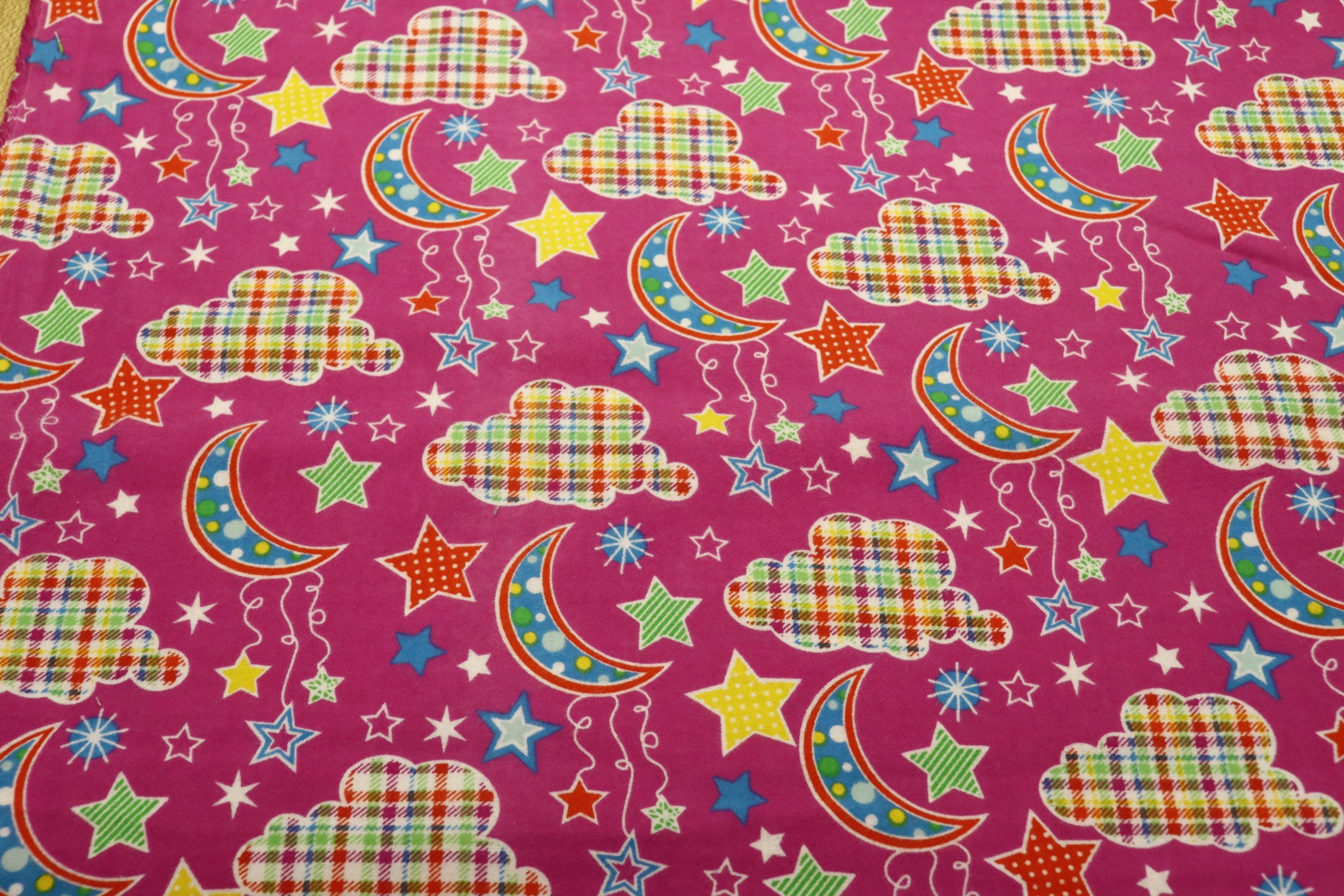 Pink Moon, Clouds, Stars Flannel Fabric By E.E. Schenck