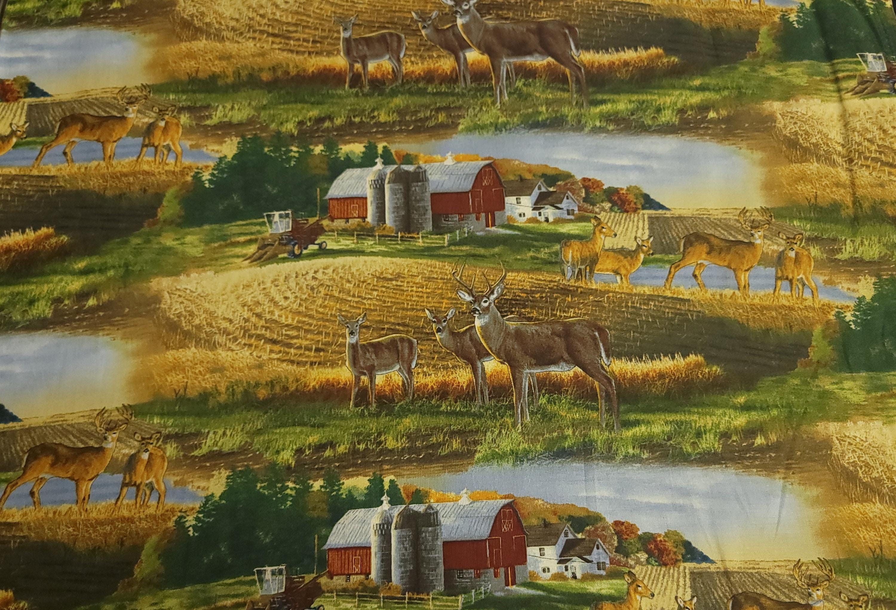 Whitetails Deer Farm Scenic Quilt Fabric By Elizabeth Studios
