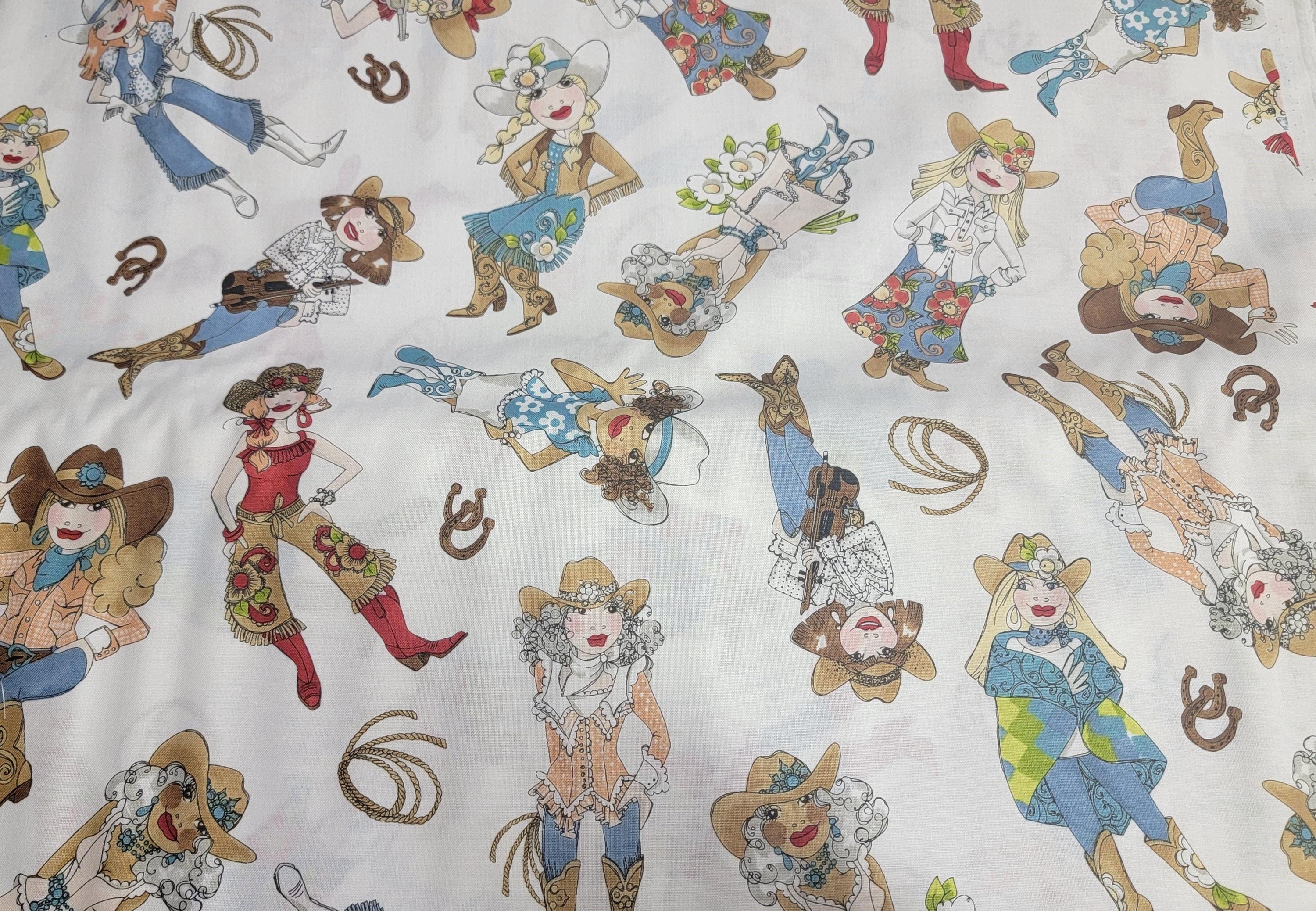 Whoa Girl Tossed Cowgirls White Background Quilt Fabric By Loralie Designs