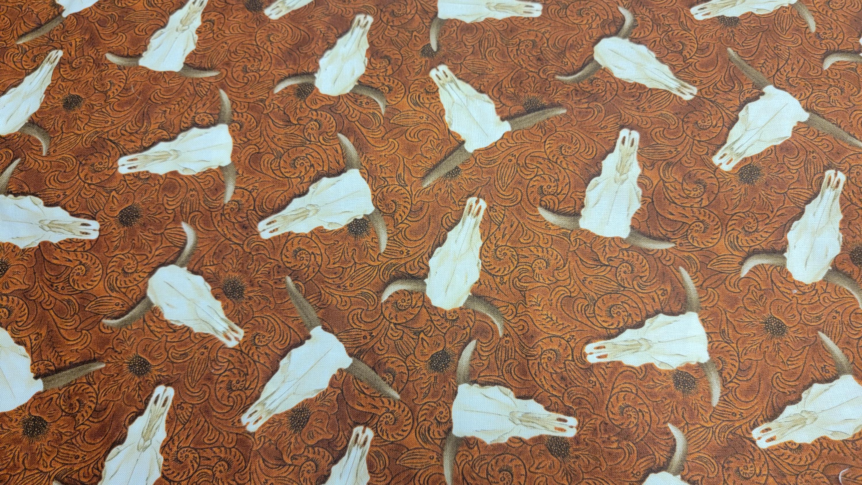 Longhorn Cow Skull Quilt Fabric - Rust Western Cotton by Kanvas Studios