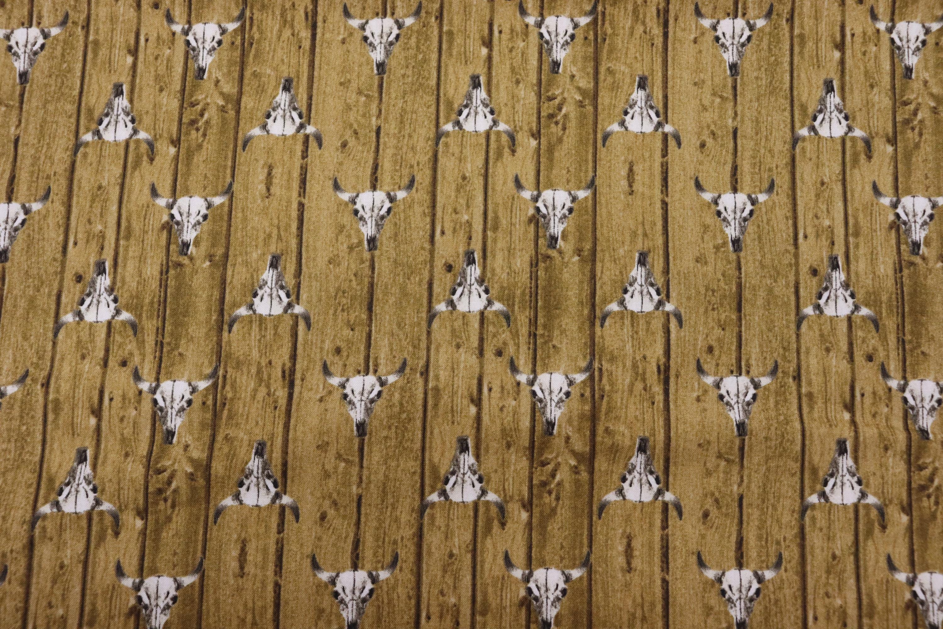 Ranch Hands Long Horn Heads on Wood background Quilt Fabric By Windham Fabrics
