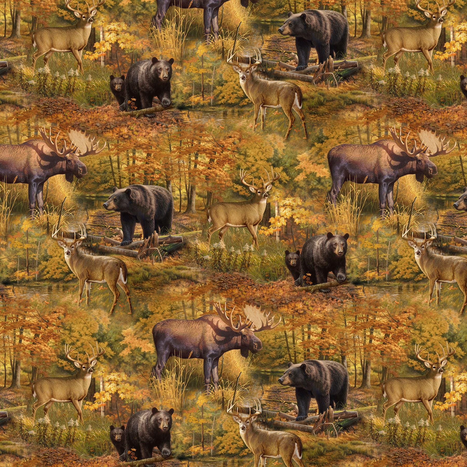 Naturescapes Wilderness Moose, Deer, Bear Allover By Northcott Fabrics