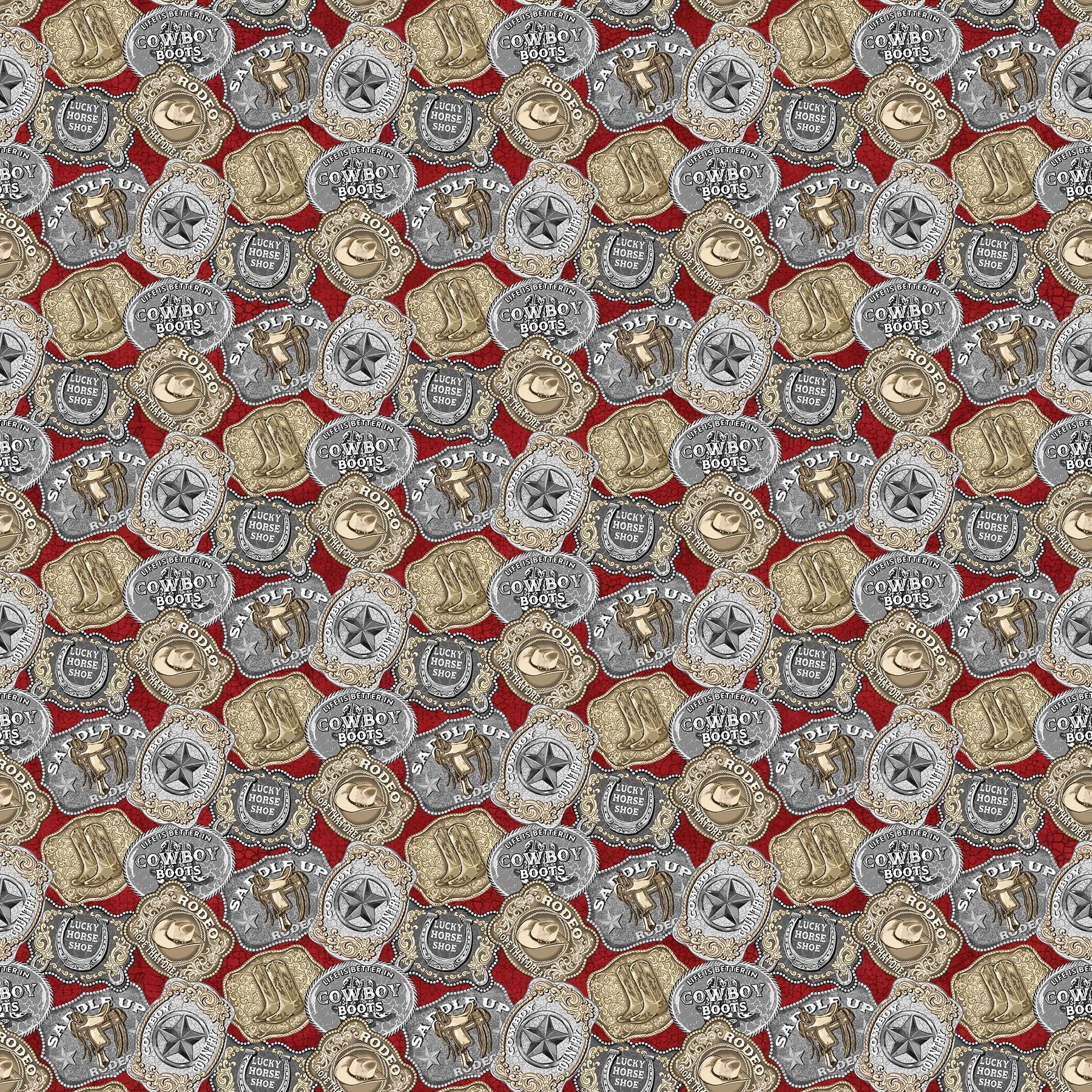 Cowboy Blues Buckles with Red Background By Northcott Fabrics