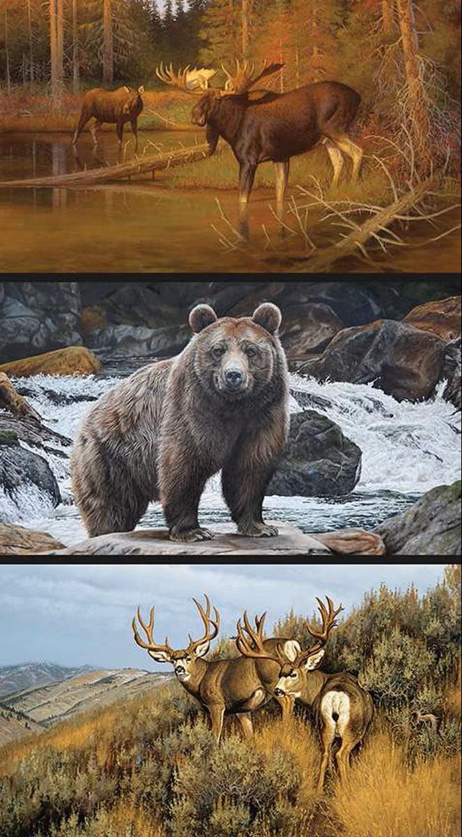 Majestic in Nature Mulies, Bear, Moose Pillow Fabric Panel By Riley Blake Designs