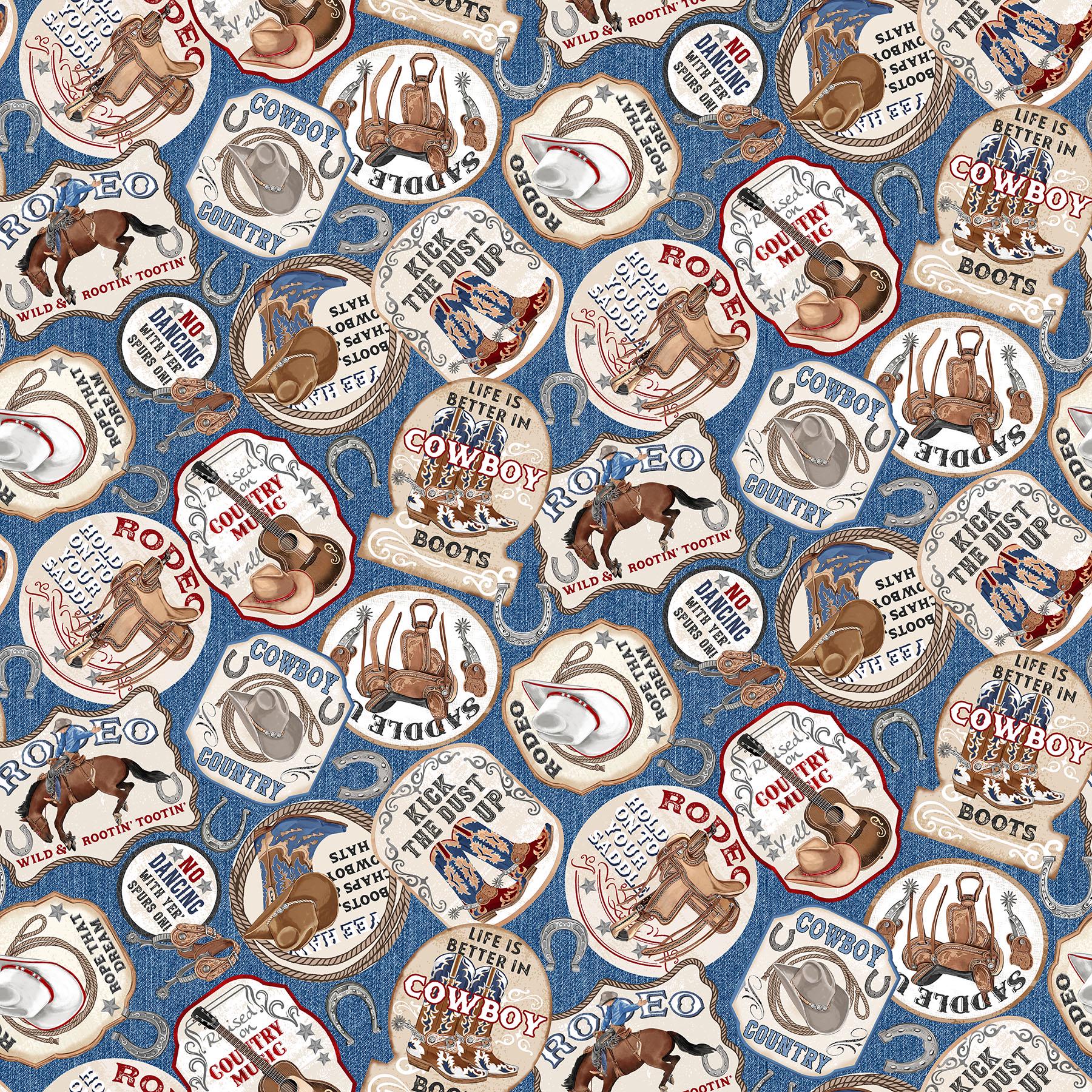 Cowboy Blues Sayings Blue Background By Northcott Fabrics