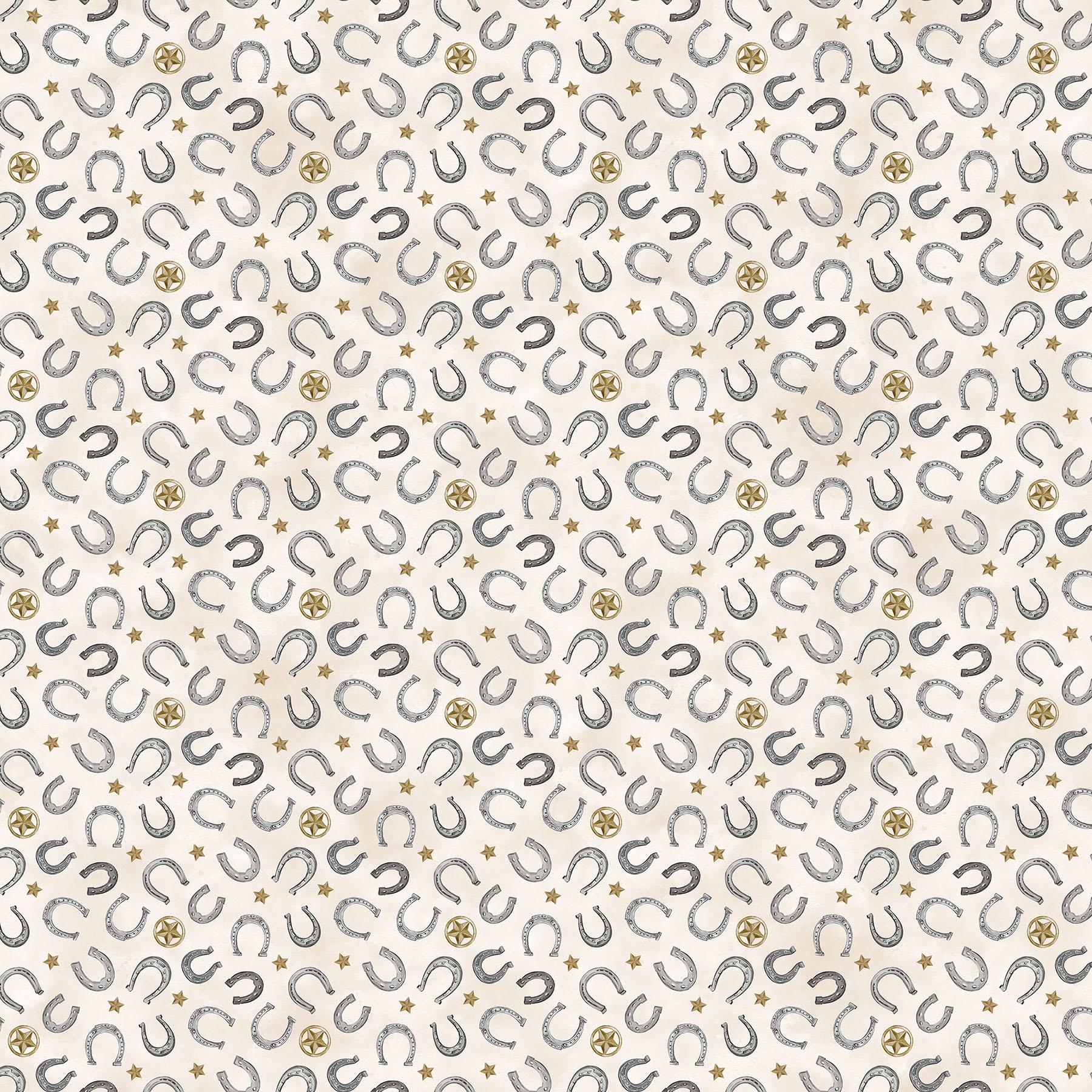 Cowboy Blues Horseshoes and Stars Cream Background By Northcott Fabrics