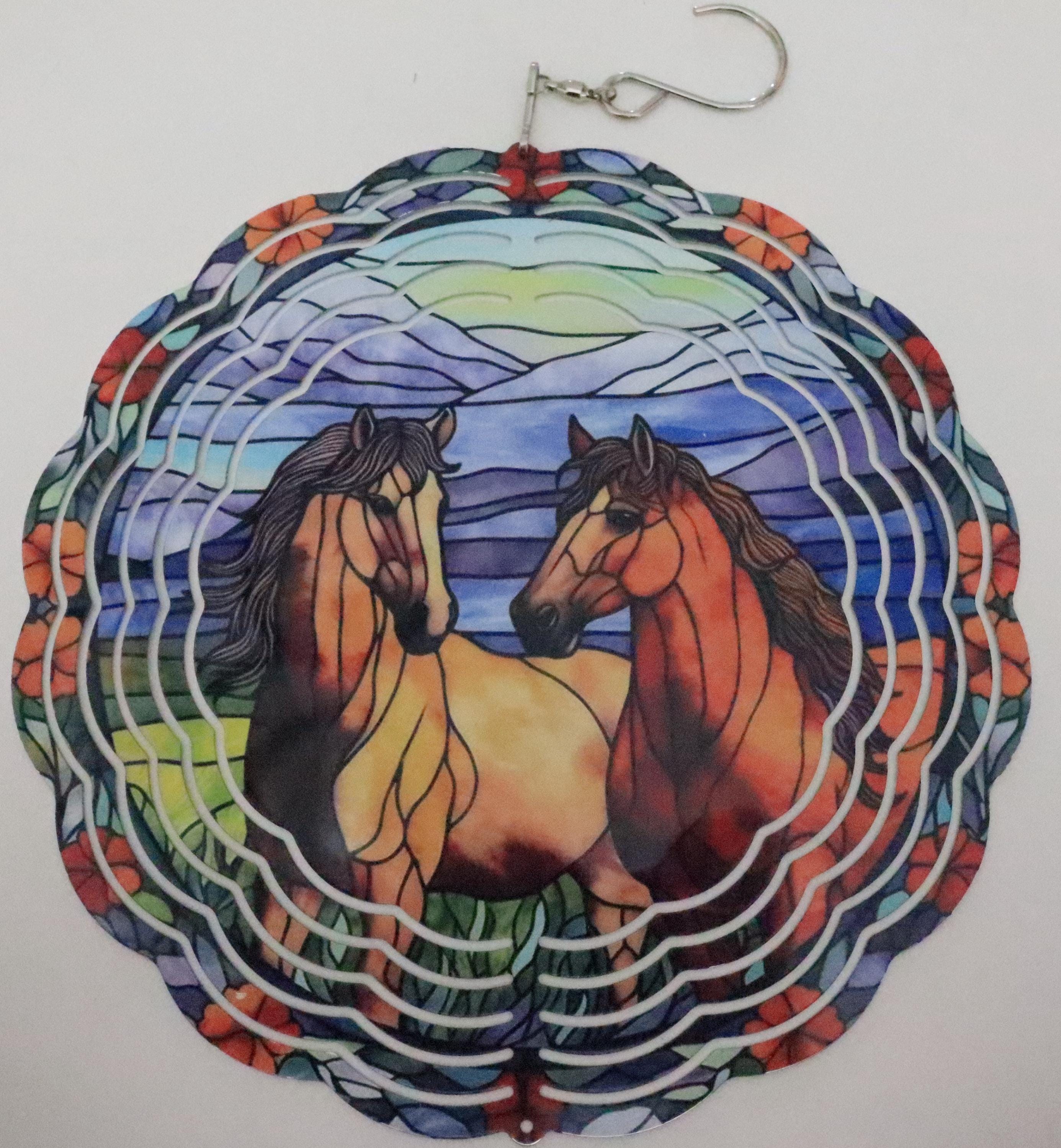 Bright Two Horses Stained Glass Style Wind Spinner - 10"