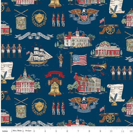 Independence Main Oxford Blue Colonial America Quilt Fabric By Riley Blake Designs