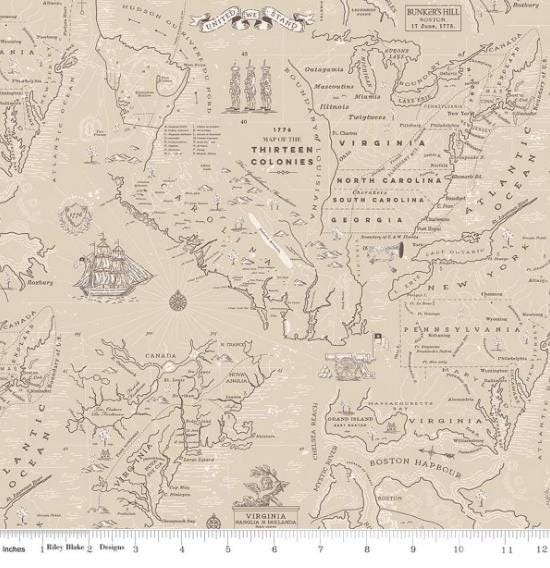 Independence Colonial Map Beige Quilt Fabric By Riley Blake Designs