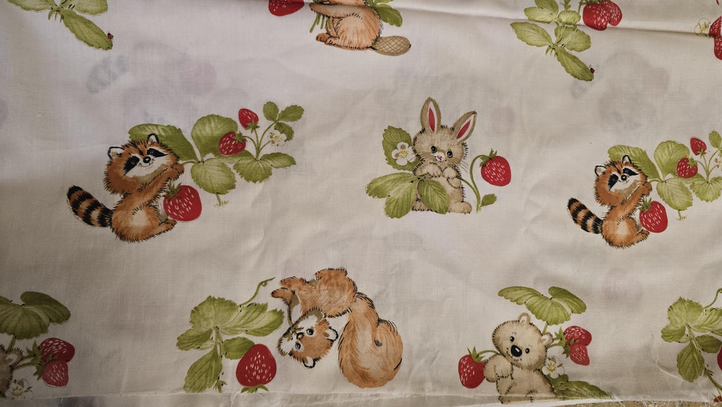 Rabbit, Raccoon, Squirrel, Beaver With Strawberry Plants Quilt Fabric