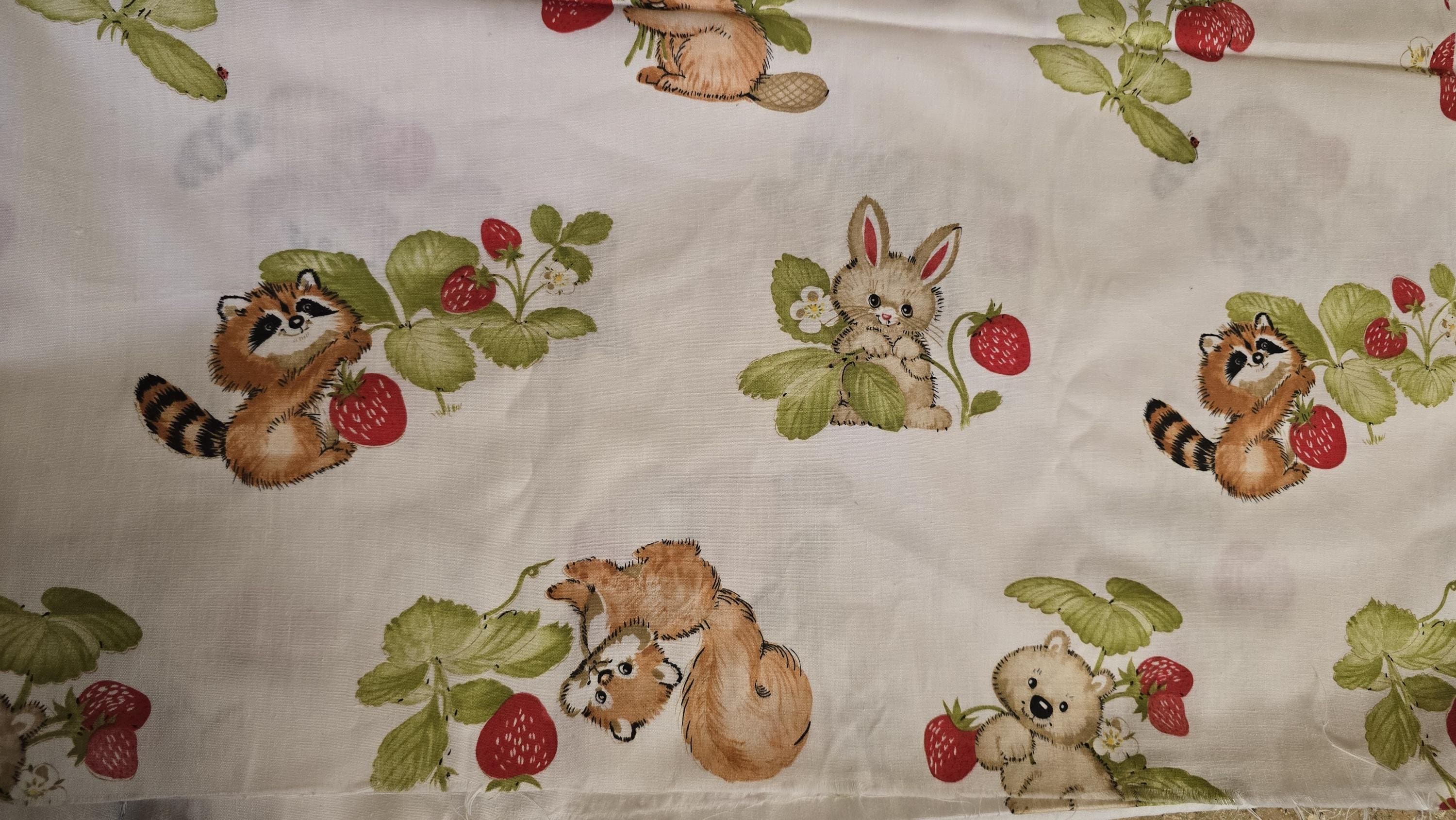 Rabbit, Raccoon, Squirrel, Beaver With Strawberry Plants Quilt Fabric