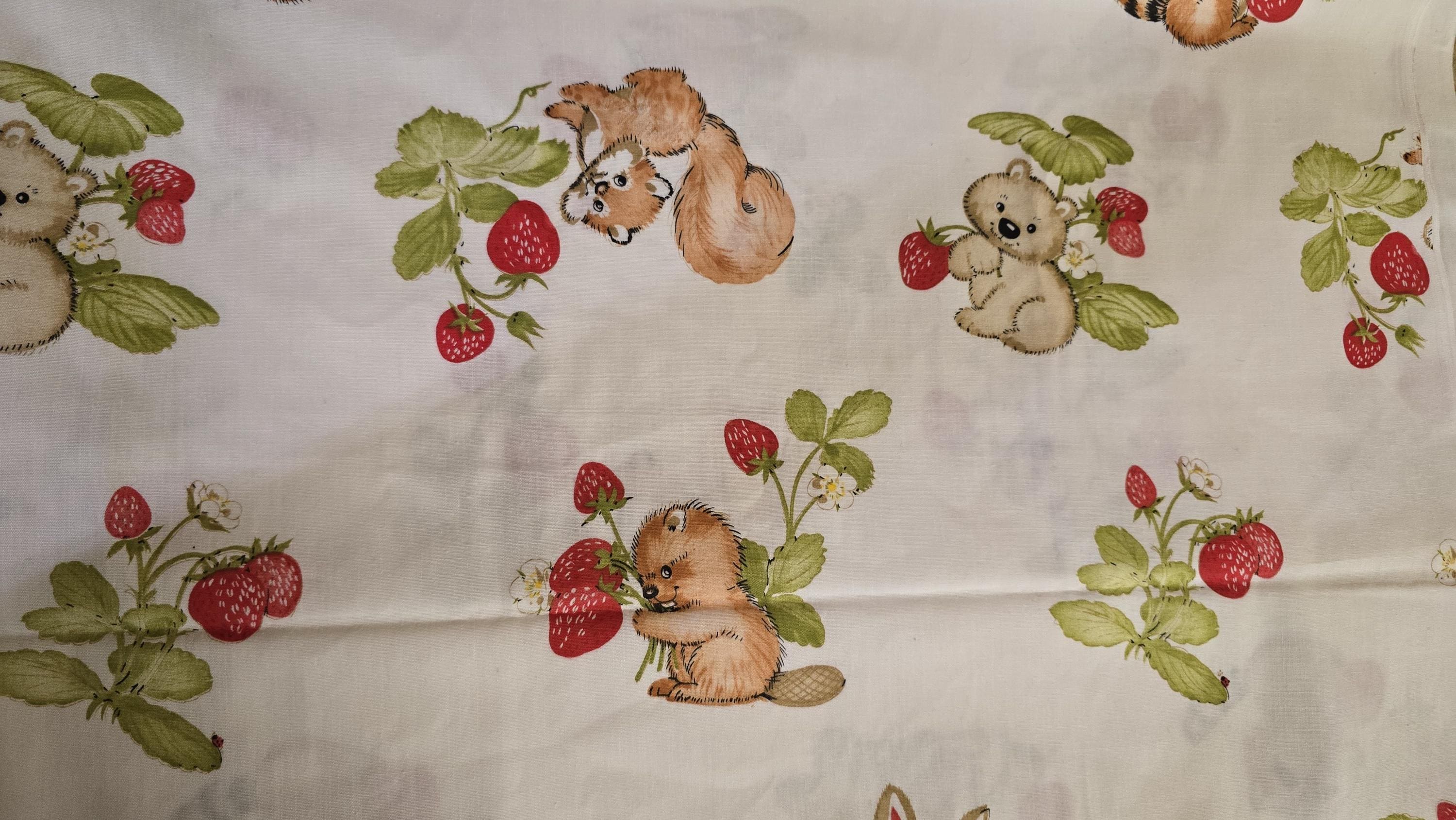 Rabbit, Raccoon, Squirrel, Beaver With Strawberry Plants Quilt Fabric