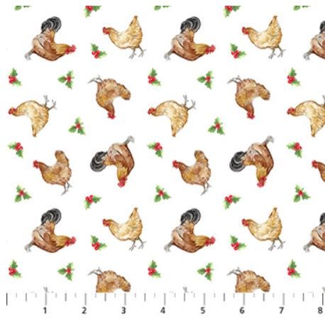 Barnyard Christmas Chickens Quilt Fabric by Northcott Fabrics
