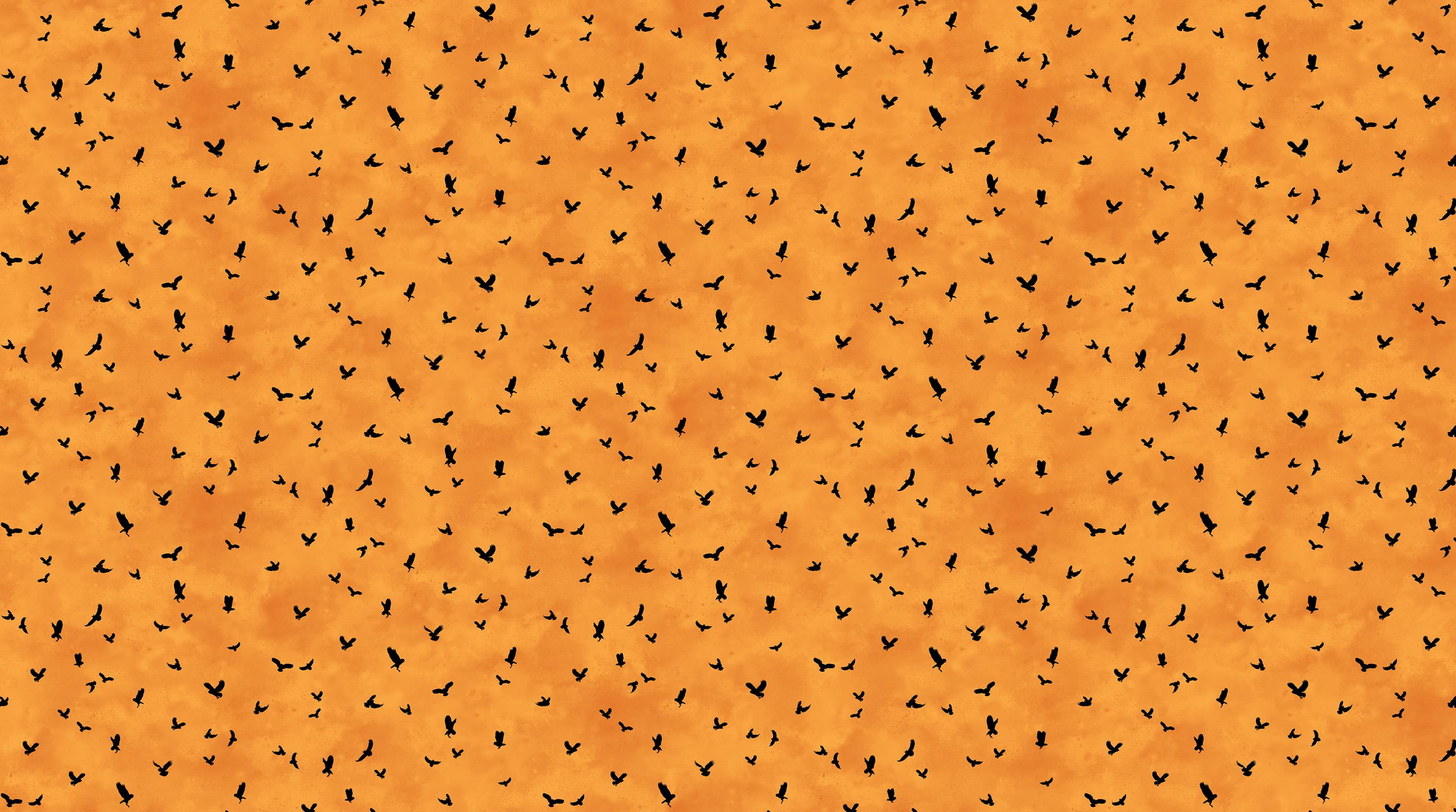 Night Owl Orange Background With Flying Black Birds Quilt Fabric By Northcott Fabrics