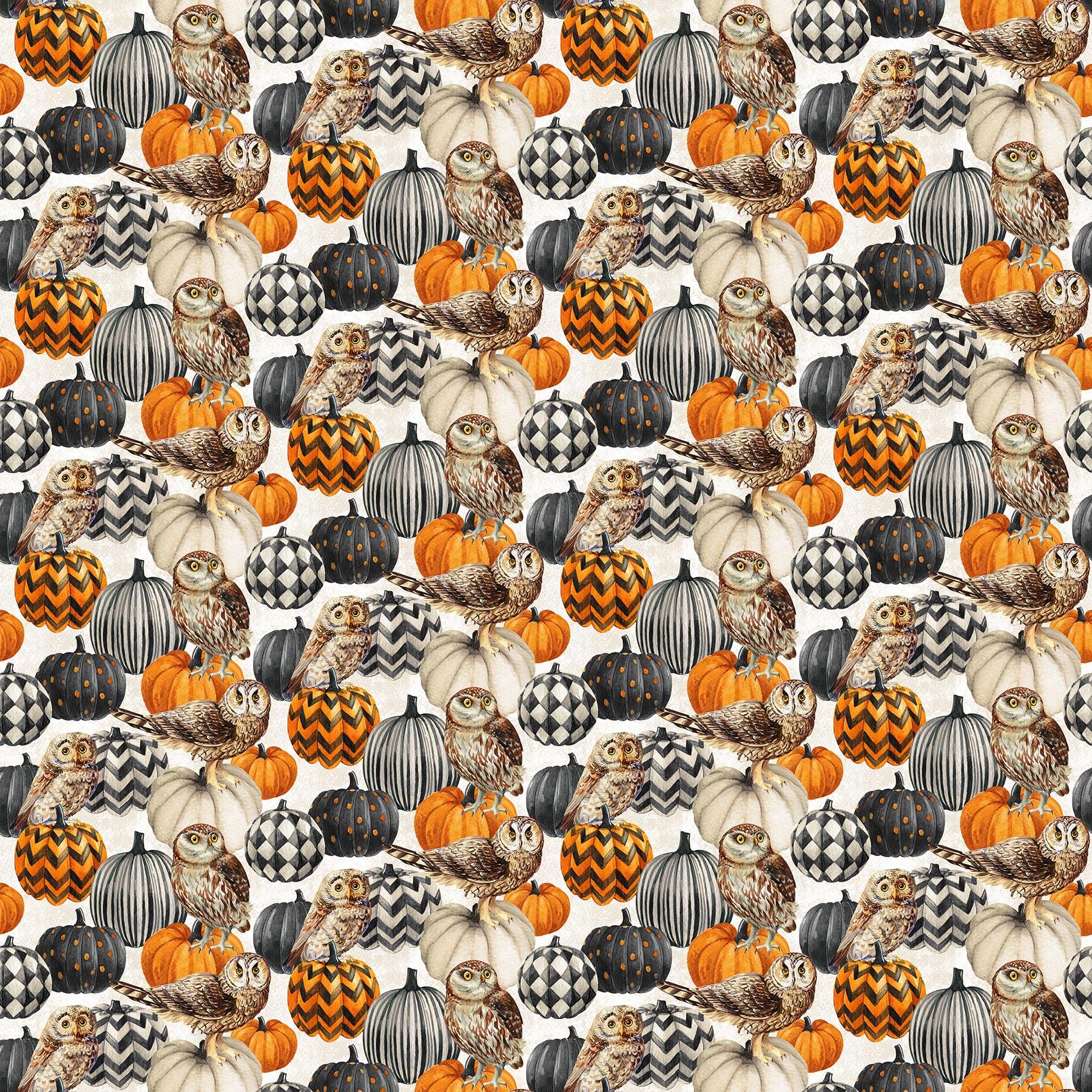 Night Owl Owls and Pumpkins Cream Background Quilt Fabric By Northcott Fabrics