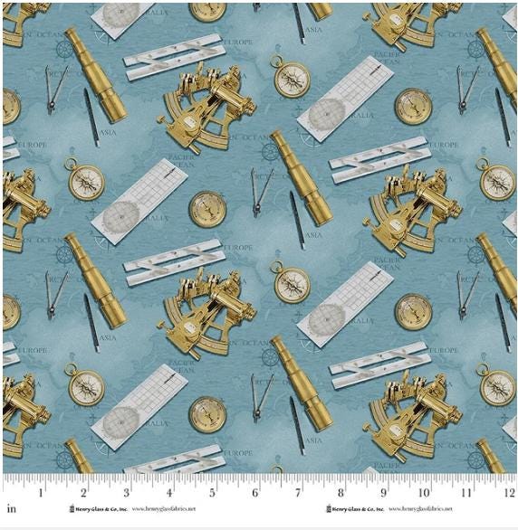 Coastal Guardians Nautical Instruments Allover Quilt Fabric By Henry Glass & Co.