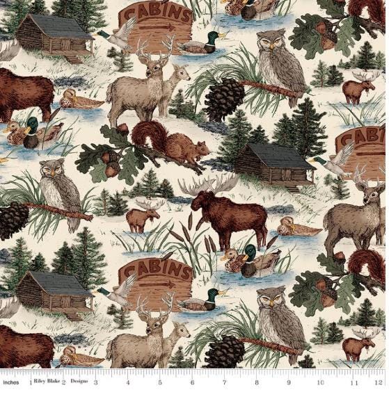 Whispering Pines Forest Animals Main Cream Quilt Fabric By Riley Blake Designs.
