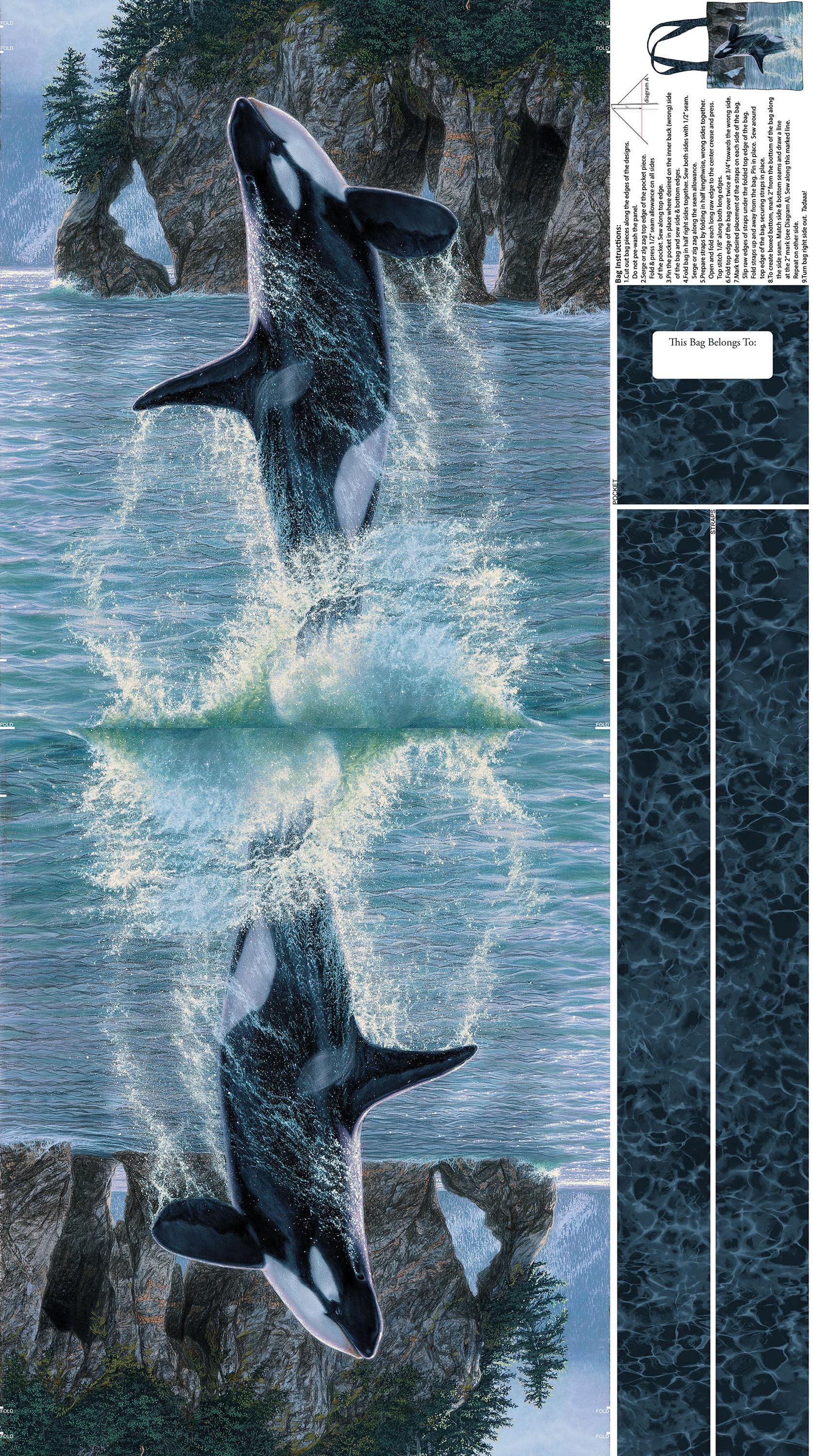 Voyage Orcas Tote Canvas Fabric Panel By Northcott Fabrics.