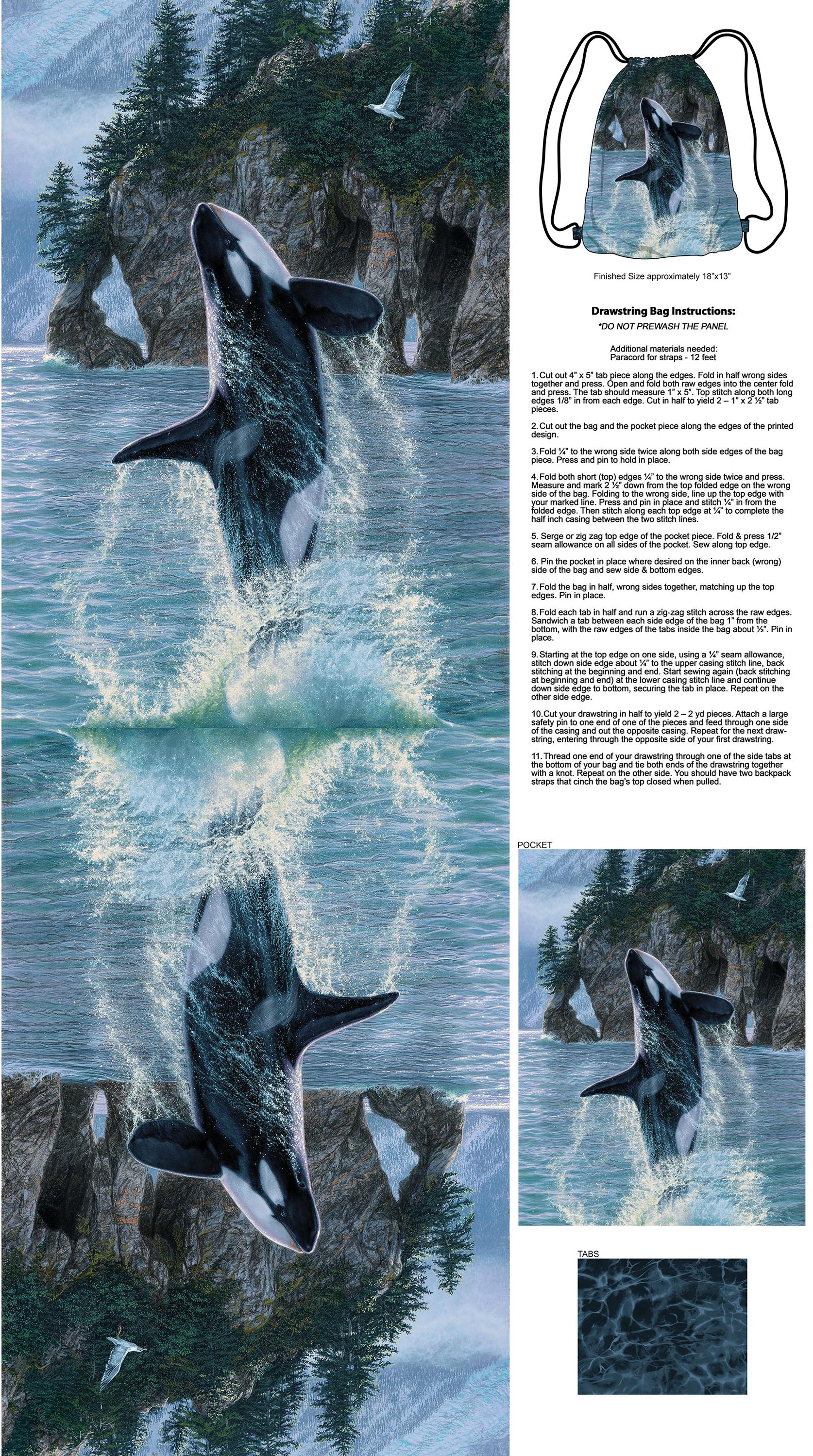 Voyage Orcas Drawstring Backpack Canvas Fabric Panel By Northcott Fabrics.
