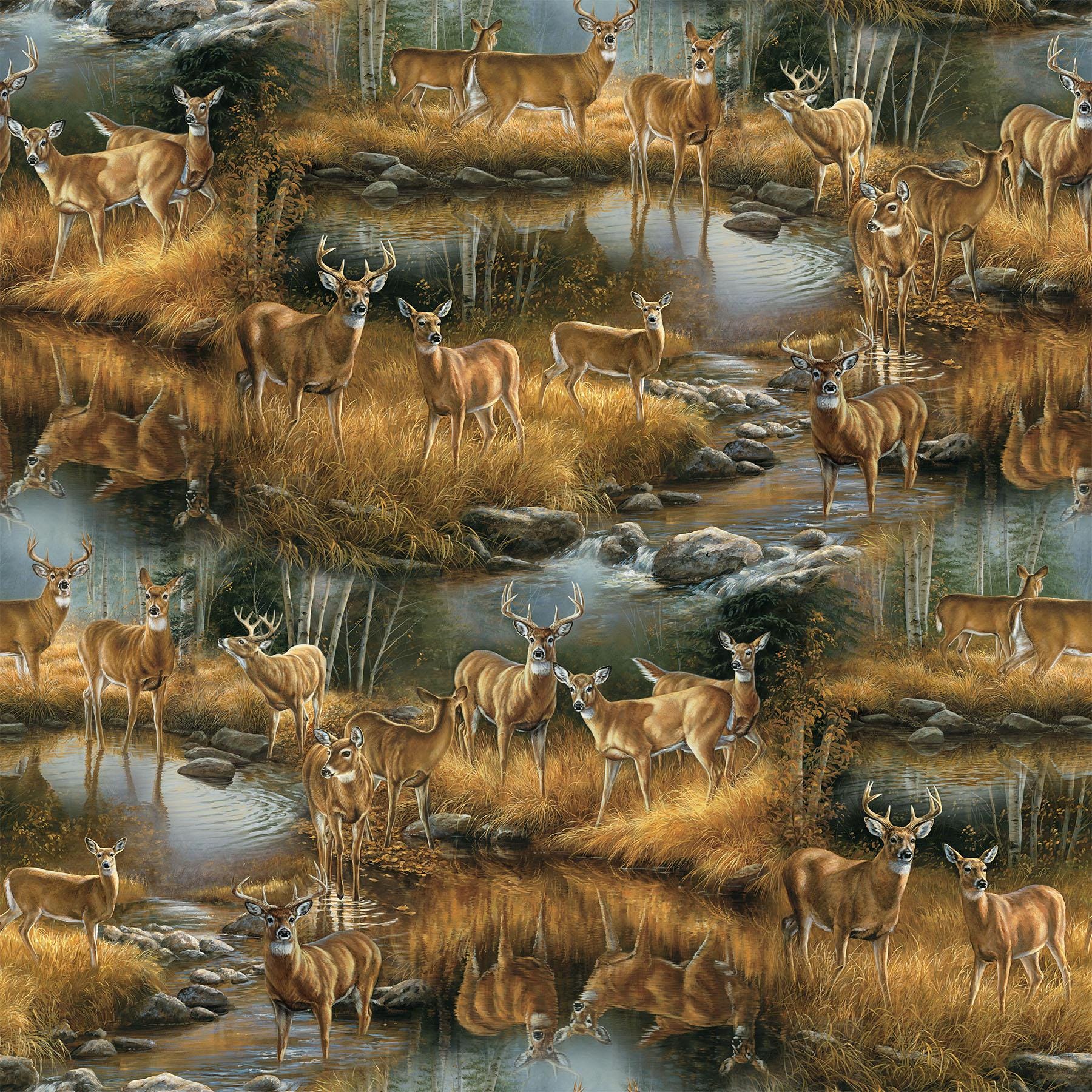 Birchwood Whitetail Deer Brown Grass Quilt Fabric By Northcott