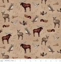 Whispering Pines Forest Animals Toss Tan Quilt Fabric By Riley Blake Designs.