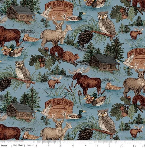 Whispering Pines Forest Animals Main Blue Quilt Fabric By Riley Blake Designs.