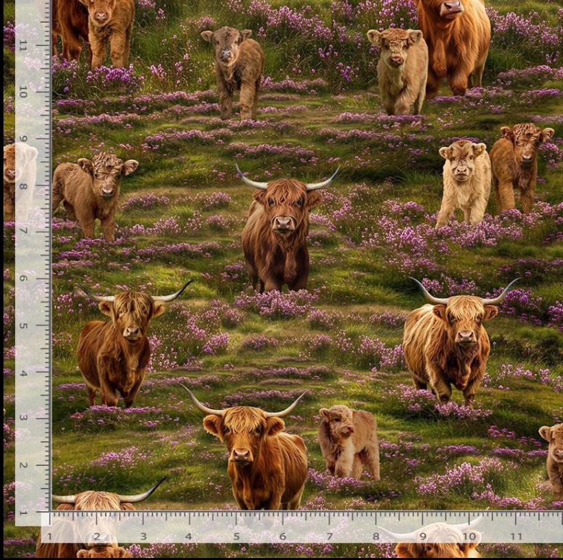 Heather and Highland Meadow Highland Cow Quilt Fabric By Timeless Treasures