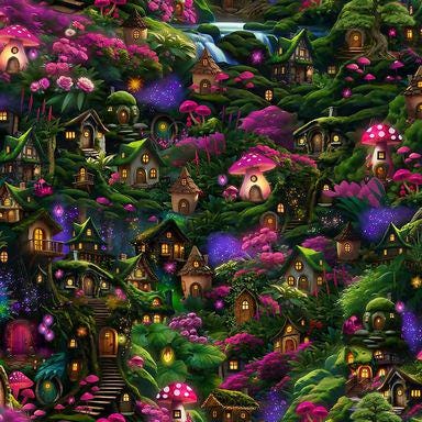 Fairy Forest Houses Allover Quilt Fabric by Timeless Treasures